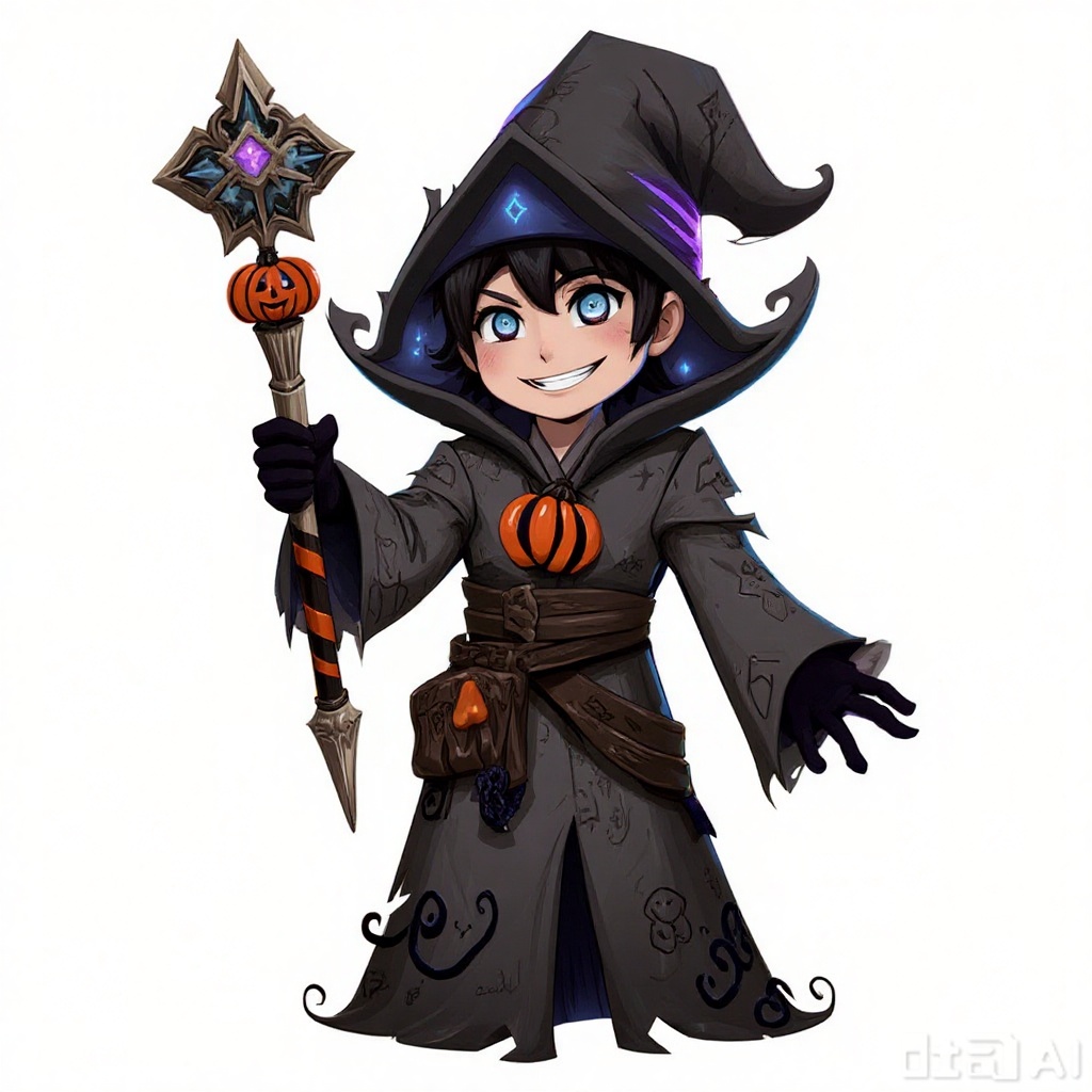 In the digital illustration, the boy magician is fully pictured, wearing a dark gray robe, the surface of the robe is covered with delicate magic runes, slightly torn at the cuffs, and a small number of black thin tentacles are revealed at the edge of the crack. The tentacles are slightly squirming but not obvious. The magic hat is high and pointed, with a blue-purple magic halo, and a small pumpkin pendant is decorated with the top of the hat, which is hung on the side of the hat tip. A dark belt is tied around her waist, and an orange-black striped pumpkin ornament is both mysterious and playful. The magician holds a complexly carved staff in his left hand, with a glowing gem embedded at the top of the staff, and the body of the staff is surrounded by tiny magic symbols. The boy's face is three-dimensional, with deep eyes, thick and natural eyebrows, smiley corners of his mouth, and black hair