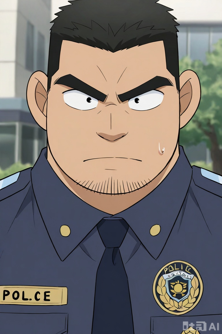 masterpiece, best quality, highres, absurdres,
by Gôshô Aoyama, 
Joseph Meguire,Police officer, the case scene, meticulous, investigation, serious expression,
1man, solo, looking at viewer, cool,short hair,**** top, black hair, closed mouth, male focus,facial hair,upper_body, bara, beard, close-up, sideburns, stubble, personable, macho,