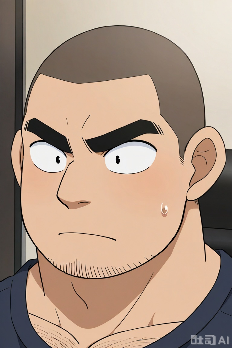 masterpiece, best quality, highres, absurdres,
by Gôshô Aoyama, 
solo, short hair, 1man, male focus, sweat, sweatdrop, muscular, facial hair, thick eyebrows,muscular male, bara, beard, sideburns, stubble, very short hair, chest hair, buzz cut,2k,