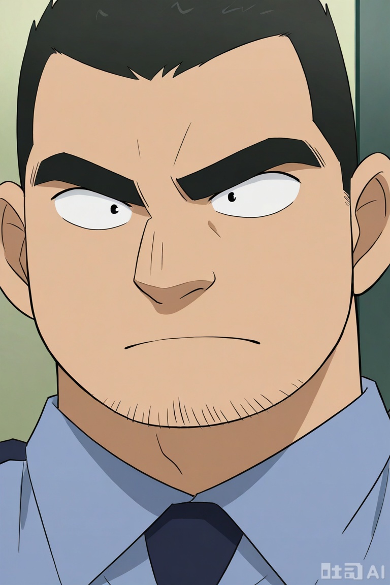 masterpiece, best quality, highres, absurdres,
by Gôshô Aoyama, 
Joseph Meguire,Police officer, the case scene, meticulous, investigation, serious expression,
1man, solo, looking at viewer, cool,short hair,**** top, black hair, closed mouth, male focus,facial hair,upper_body, bara, beard, close-up, sideburns, stubble, personable, macho,