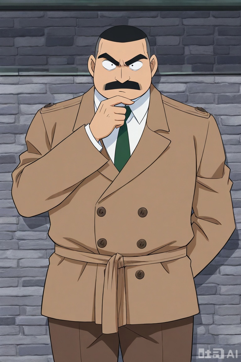 masterpiece, best quality, highres, absurdres, by Gôshô Aoyama, Joseph Meguire, solo, looking at viewer, short hair, shirt, 1man, white shirt, male focus, cowboy shot, necktie, collared shirt, pants, black eyes, coat, buttons, facial hair, thick eyebrows, arm behind back, mustache, brown pants, brown coat, green necktie, thinking, stroking own chin
