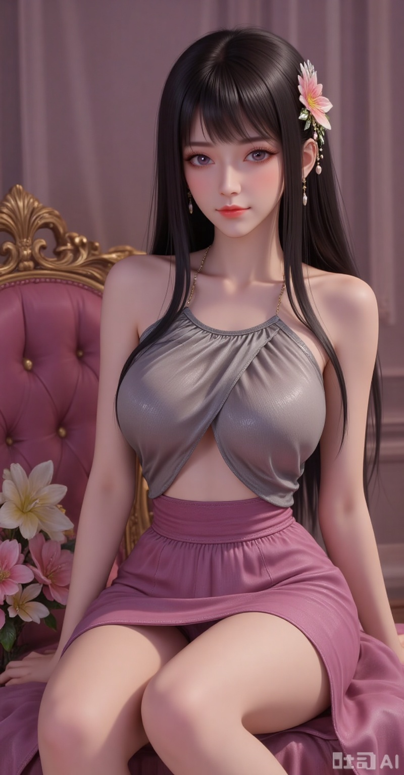 Best quality, masterpiece, 8k, 
 long hair, black hair,purple eyes,legs,long legs,flowers,
1girl, solo, breasts, skirt, dress, bare shoulders, jewelry, medium breasts, sitting,  underboob, chair, pantyshot, 
burry_background,simple background,
cover,gradient background,close-up details,outstanding style,adding a touch of dimension to your images without compromising details,close-up,(highres:1.2),colorful,
lvjing,guanghuapifu,pifu,biji,lifu,qianrenxue,jiaochaguoxiong