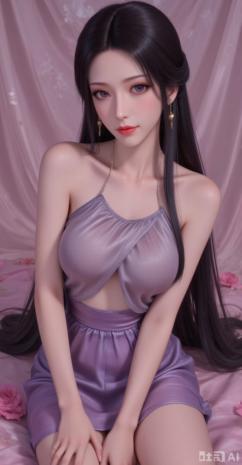 Best quality, masterpiece, 8k, 
 long hair, black hair,purple eyes,legs,long legs,flowers,
1girl, solo, breasts, skirt, dress, bare shoulders, jewelry, medium breasts, sitting,  underboob, chair, pantyshot, 
burry_background,simple background,
cover,gradient background,close-up details,outstanding style,adding a touch of dimension to your images without compromising details,close-up,(highres:1.2),colorful,
lvjing,guanghuapifu,pifu,biji,lifu,qianrenxue,jiaochaguoxiong