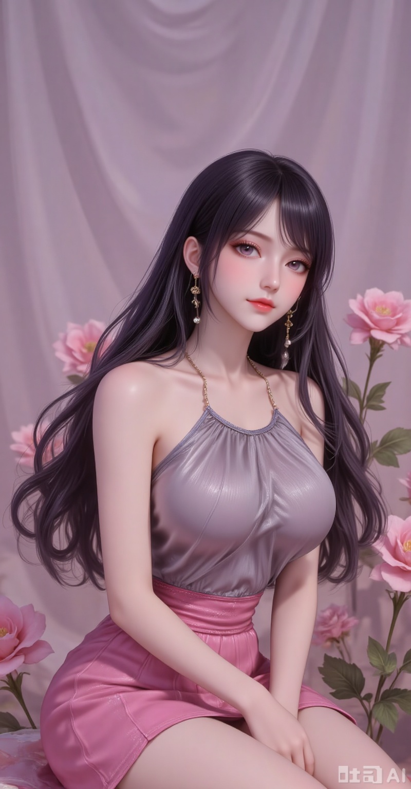 Best quality, masterpiece, 8k, 
 long hair, black hair,purple eyes,legs,long legs,flowers,
1girl, solo, breasts, skirt, dress, bare shoulders, jewelry, medium breasts, sitting,  underboob, chair, pantyshot, 
burry_background,simple background,
cover,gradient background,close-up details,outstanding style,adding a touch of dimension to your images without compromising details,close-up,(highres:1.2),colorful,
lvjing,guanghuapifu,pifu,biji,lifu,qianrenxue,jiaochaguoxiong