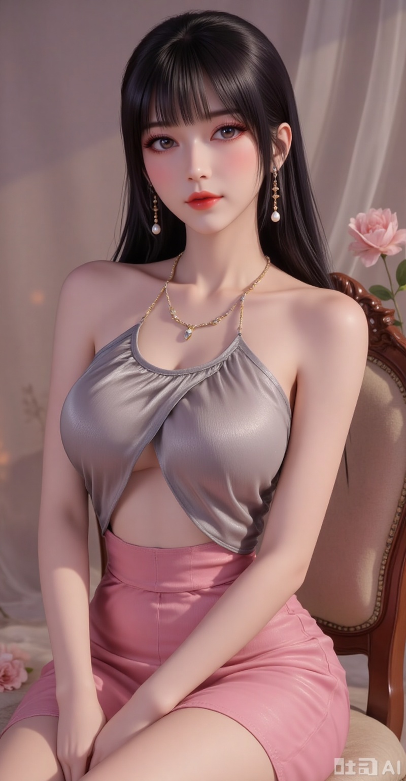 Best quality, masterpiece, 8k, 
 long hair, black hair,purple eyes,legs,long legs,flowers,
1girl, solo, breasts, skirt, dress, bare shoulders, jewelry, medium breasts, sitting,  underboob, chair, pantyshot, 
burry_background,simple background,
cover,gradient background,close-up details,outstanding style,adding a touch of dimension to your images without compromising details,close-up,(highres:1.2),colorful,
lvjing,guanghuapifu,pifu,biji,lifu,qianrenxue,jiaochaguoxiong