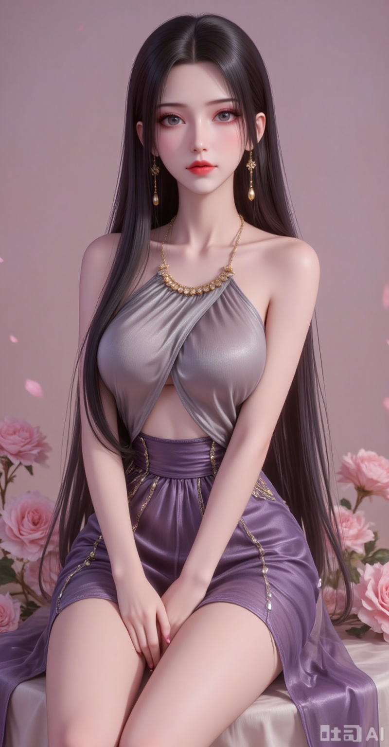 Best quality, masterpiece, 8k, 
 long hair, black hair,purple eyes,legs,long legs,flowers,
1girl, solo, breasts, skirt, dress, bare shoulders, jewelry, medium breasts, sitting,  underboob, chair, pantyshot, 
burry_background,simple background,
cover,gradient background,close-up details,outstanding style,adding a touch of dimension to your images without compromising details,close-up,(highres:1.2),colorful,
lvjing,guanghuapifu,pifu,biji,lifu,qianrenxue,jiaochaguoxiong