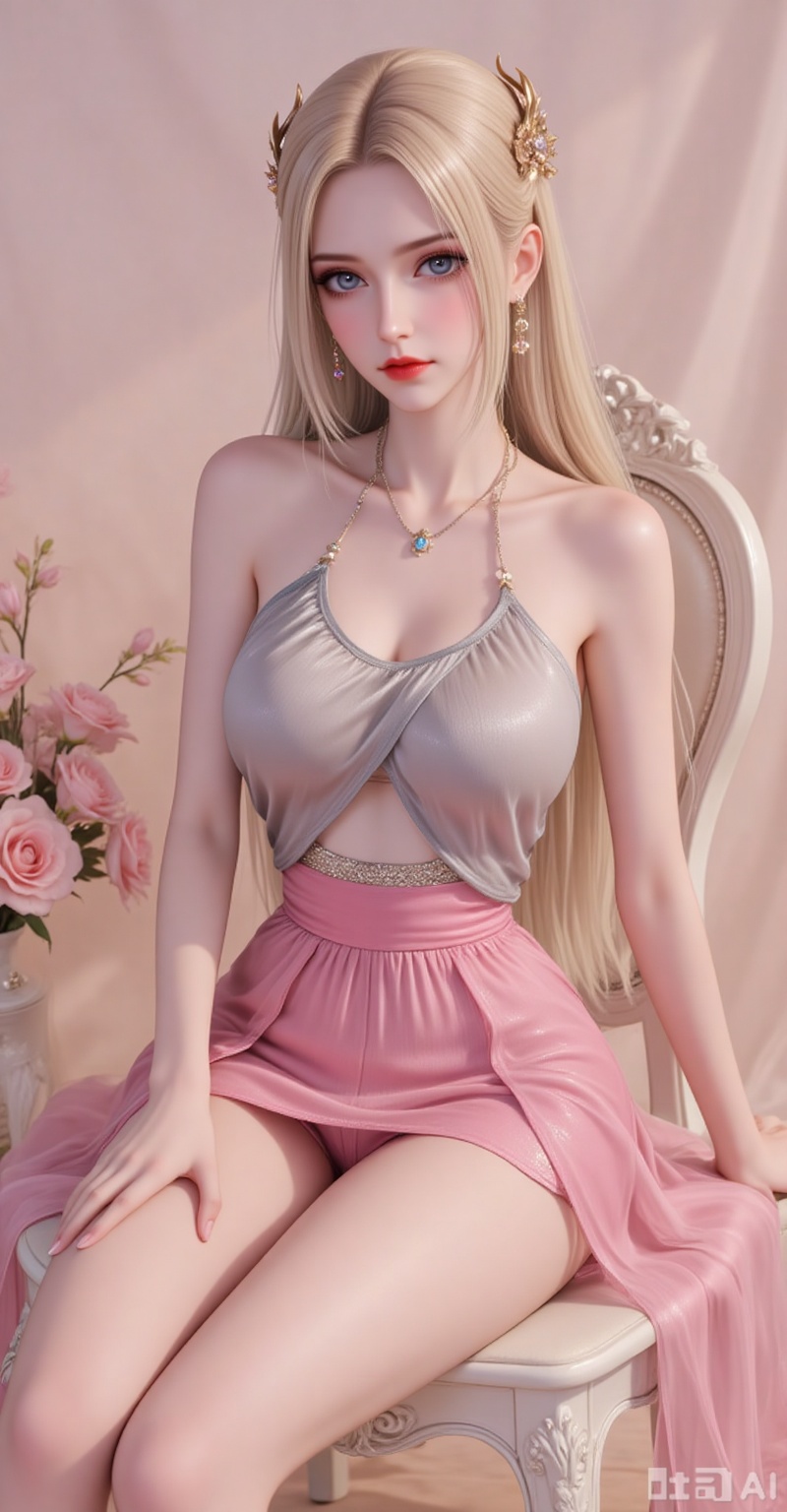 Best quality, masterpiece, 8k, 
 long hair, blonde hair,blue eyes,legs,long legs,flowers,
1girl, solo, breasts, skirt, dress, bare shoulders, jewelry, medium breasts, sitting, underwear, panties, underboob, chair, pantyshot, 
burry_background,simple background,
cover,gradient background,close-up details,outstanding style,adding a touch of dimension to your images without compromising details,close-up,(highres:1.2),colorful,
lvjing,guanghuapifu,pifu,biji,lifu,qianrenxue,jiaochaguoxiong