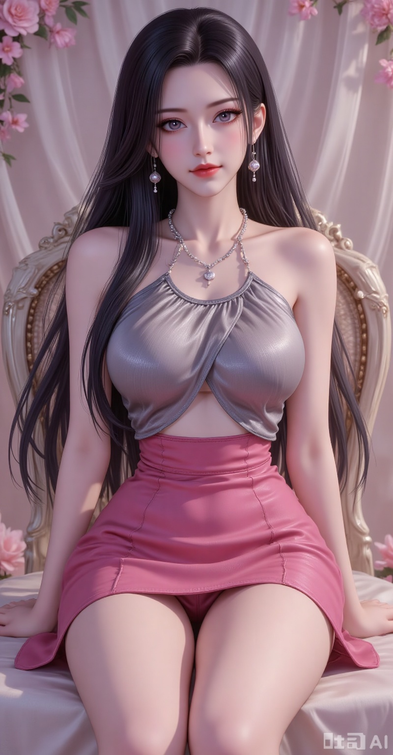 Best quality, masterpiece, 8k, 
 long hair, black hair,purple eyes,legs,long legs,flowers,
1girl, solo, breasts, skirt, dress, bare shoulders, jewelry, medium breasts, sitting,  underboob, chair, pantyshot, 
burry_background,simple background,
cover,gradient background,close-up details,outstanding style,adding a touch of dimension to your images without compromising details,close-up,(highres:1.2),colorful,
lvjing,guanghuapifu,pifu,biji,lifu,qianrenxue,jiaochaguoxiong,mingzhufuren