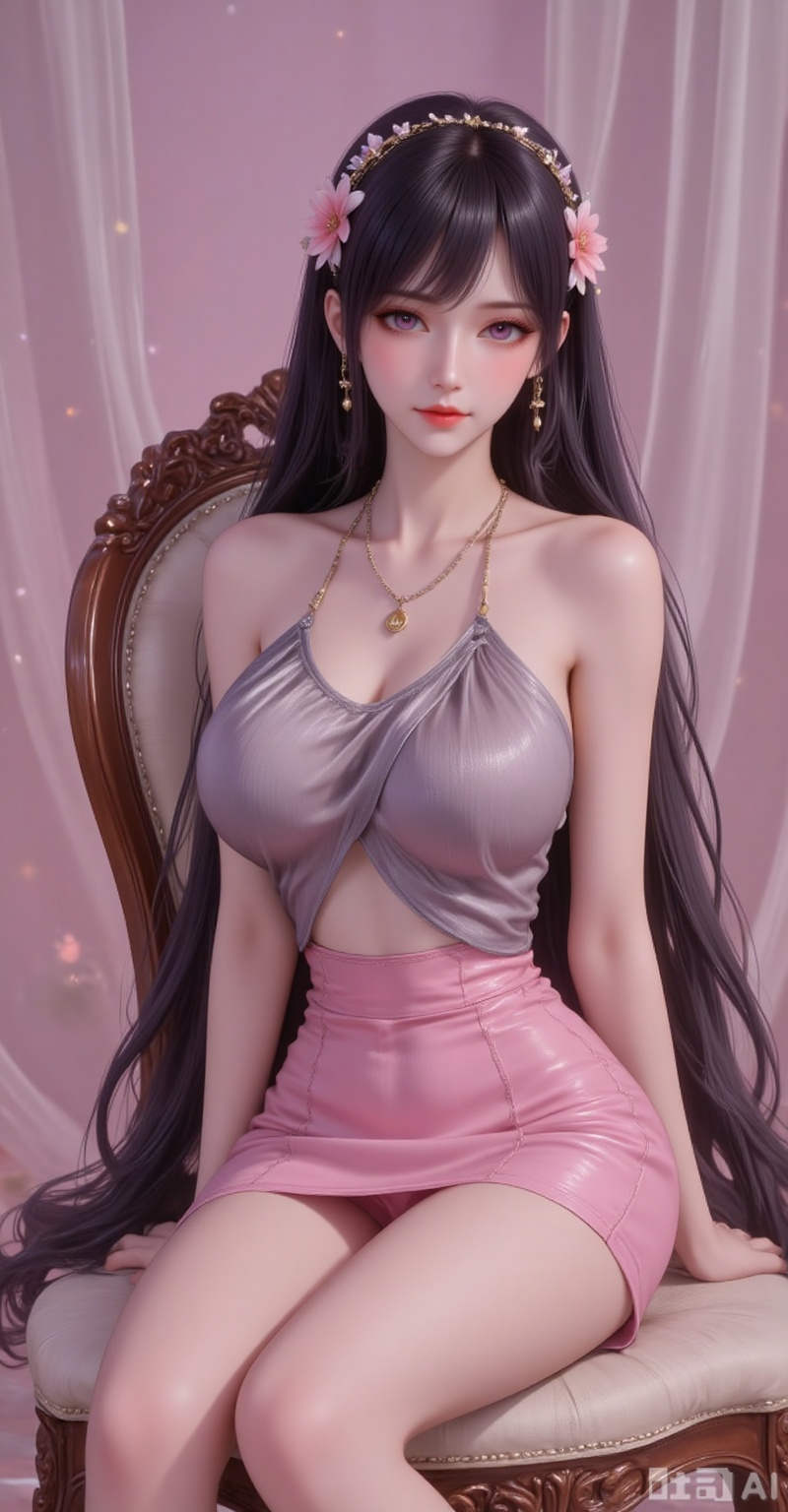 Best quality, masterpiece, 8k, 
 long hair, black hair,purple eyes,legs,long legs,flowers,
1girl, solo, breasts, skirt, dress, bare shoulders, jewelry, medium breasts, sitting,  underboob, chair, pantyshot, 
burry_background,simple background,
cover,gradient background,close-up details,outstanding style,adding a touch of dimension to your images without compromising details,close-up,(highres:1.2),colorful,
lvjing,guanghuapifu,pifu,biji,lifu,qianrenxue,jiaochaguoxiong