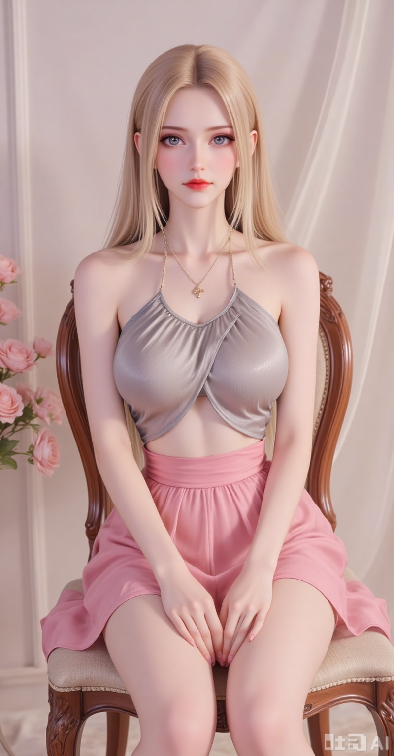 Best quality, masterpiece, 8k, 
 long hair, blonde hair,blue eyes,legs,long legs,flowers,
1girl, solo, breasts, skirt, dress, bare shoulders, jewelry, medium breasts, sitting,  underboob, chair, pantyshot, 
burry_background,simple background,
cover,gradient background,close-up details,outstanding style,adding a touch of dimension to your images without compromising details,close-up,(highres:1.2),colorful,
lvjing,guanghuapifu,pifu,biji,lifu,qianrenxue,jiaochaguoxiong