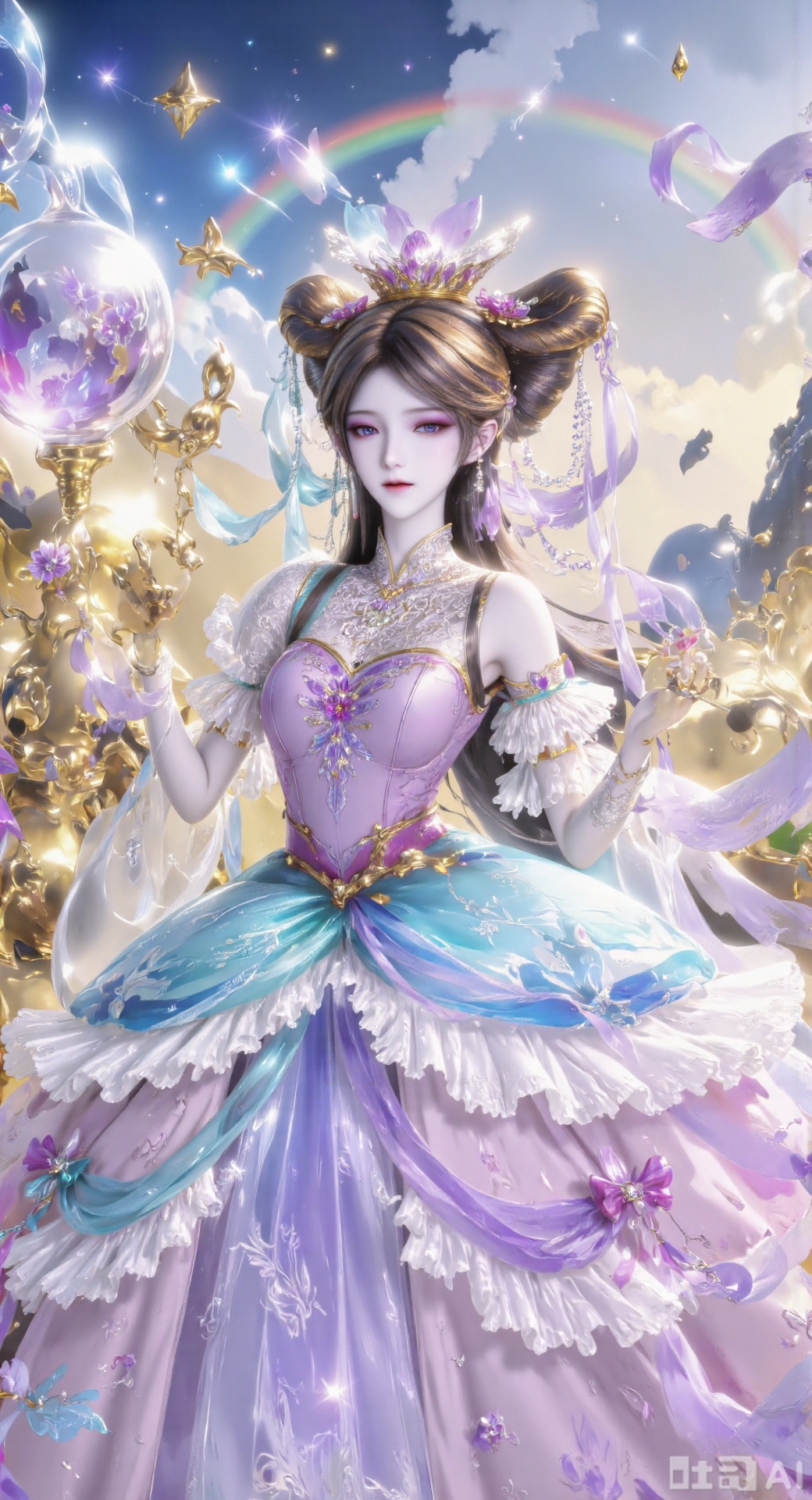 This painting depicts a quiet and ethereal scene. A faint rainbow crosses the sky, and a young woman in traditional East Asian costume stands quietly among the blooming white flowers. Her flowing long hair is decorated with exquisite flowers. She looks very happy with a bottle gourd in her hand. Next to her, there are two jars projecting warm light, which enhances the quiet atmosphere. The background is lavender plants and flowers, creating a harmonious integration of nature and human survival. Soft lighting and soft colors give people a quiet and beautiful feeling. Open your eyes and hold a huge wine gourd in your hand. This painting depicts a quiet and dreamy scene. The character has long flowing brown hair and a knitting basket in her hand. A faint rainbow spans the sky, and the characters play with it like a slide. Soft background, soft colors and lavender dreamy background, bubbles and light spots floating, enhance the atmosphere of happiness and dreams. The figure costumes are gorgeous and heavy, which complement the overall dream aesthetics. Upper body close-up, hair bundle, crown, dress, fluffy skirt 1 girl, solo, long hair, hair accessories, fluffy skirt, pull, purple eyes, blue eyes, brown hair, flowers, seven-color rainbow, different pupils, pink fluffy skirt, long skirt, light spots, bubbles, light purple background, basket, rainbow, basket, faint rainbow in the sky, upper body. Eye patch, lavender dream background, sitting, different pupils, evil, standing.