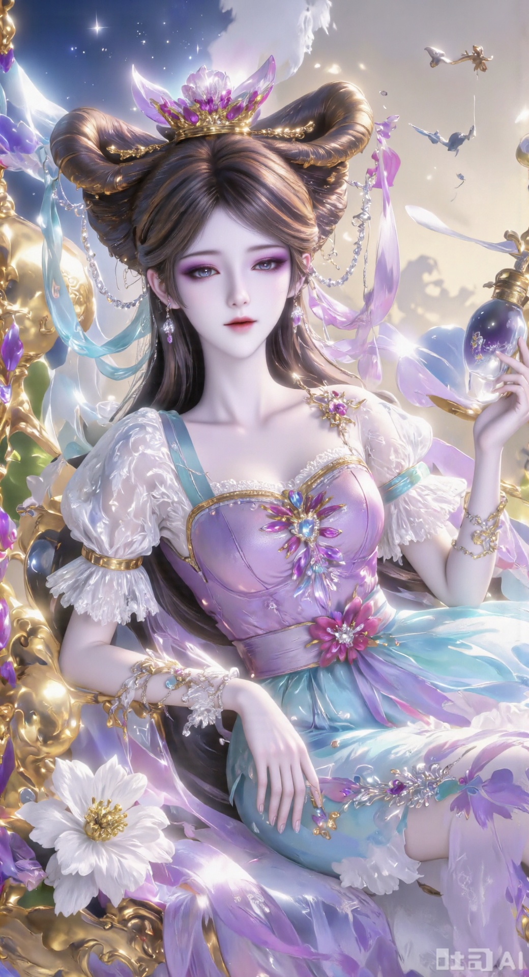 This painting depicts a quiet and ethereal scene, in which a young woman dressed in traditional East Asian costumes lies quietly among the blooming white flowers. Her flowing long hair is decorated with exquisite flowers. She is holding a wine gourd, and she seems to be in a happy state. Next to her, there are two wine jars projecting warm light, which enhances the quiet atmosphere. The background is lavender plants and flowers, creating a harmonious integration of nature and human survival. Soft lighting and soft colors give people a quiet and beautiful feeling. Open your eyes and hold a huge wine gourd in your hand.The image depicts a quiet and dreamy scene. The character has long flowing brown hair, and she is holding a knitting basket. A faint rainbow spans the sky, and the characters play with it like a slide. The background is soft, soft colors and light purple dreamy background, bubbles and light spots floating, enhancing the atmosphere of happiness and dreams. The figure costumes are gorgeous and heavy, which complement the overall dream aesthetics. Upper body close-up, hair bundle, crown, dress, fluffy skirt 1 girl, solo, long hair, hair accessories, fluffy skirt, pull, purple eyes, blue eyes, brown hair, flowers, seven-color rainbow, different pupil, pink fluffy skirt, long skirt, light spots, bubbles, light purple background, basket, rainbow, basket, a faint rainbow across the sky, upper body.Eye patch, light purple dreamy background,Sitting, different pupil, evil
