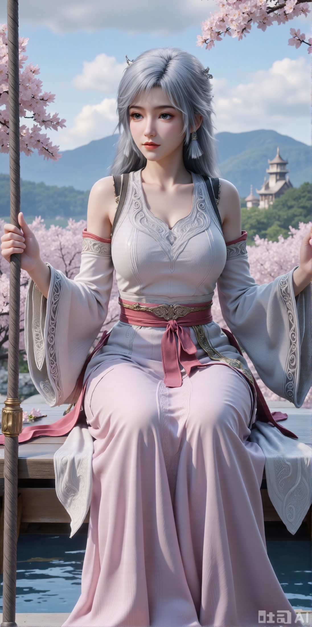  (masterpiece, top quality, best quality, official art, beautiful and aesthetic:1.2),Dynamic posture,(Sitting on the swing:1.39),natural skin texture,(Milky skin:1.2),1gir,solo,long Dress, (Long legs, perfect proportions:1.2),(Sakura, butterfly:1.29),(huge breasts:2.99),(full breasts:2.99),Wisteria, wisteria flowers, castle, waterfall, mountains in the distance,,XyunxiaoYH3,,XbaifengsongyuYH,Xbigbreasts,Xxuenvxuedi,XyanqingfeiX,Xloubeidress,XyinyueX3