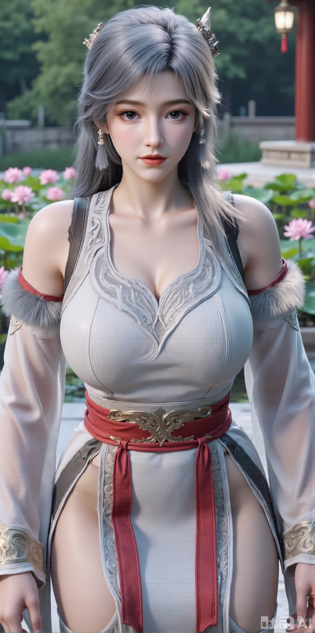 (masterpiece, best quality:1.2),1girl, navel, solo, midriff, bare shoulders, hair ornament,(long hair),(High double ponytail:1.49), red lips, BREAK, (looking at viewer:1.39), chinese clothes,(Holographic long dress:1.36), (lace,Rainbow Gradient Color:1.28), BREAK,blurry, solo focus, long hair, lips, daytime, lipstick, outdoors, standing,upper body,(huge breasts:2.89), background, solo, makeup,(Liquid glass style flowers:1.49),(huge breasts:2.99),(full breasts:2.99),,(Background with lotus pond and pink lotus flowers:1.39),,XyunxiaoYH3,,XbaifengsongyuYH,Xbigbreasts,Xxuenvxuedi,XyanqingfeiX,Xloubeidress,XyinyueX3