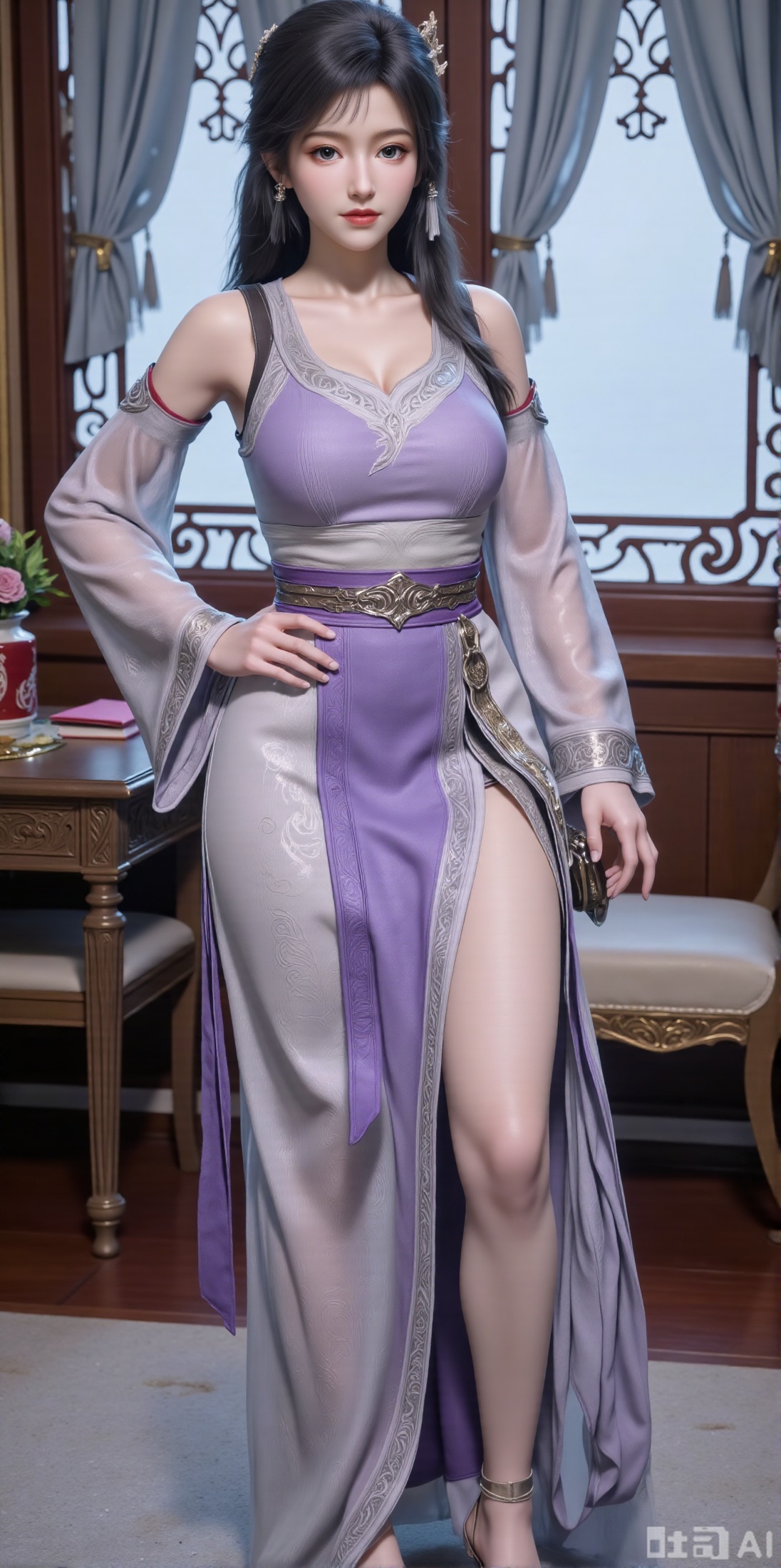 (masterpiece:1.2),Ultra clear, 8k, 1girl, solo, long hair, looking at viewer, bangs,long dress,, bare shoulders, jewelry, black hair, standing, purple eyes, full body, flower, thighs, indoors, hair bun, long dress, high heels, see-through, book, bare legs, window, table, footwear, standing on one leg, curtains,rose, flower, side slit, vase, ,(huge breasts:2.99),(full breasts:2.99),XyunxiaoYH3,,XbaifengsongyuYH,Xbigbreasts,Xxuenvxuedi,XyanqingfeiX,Xloubeidress,XyinyueX3