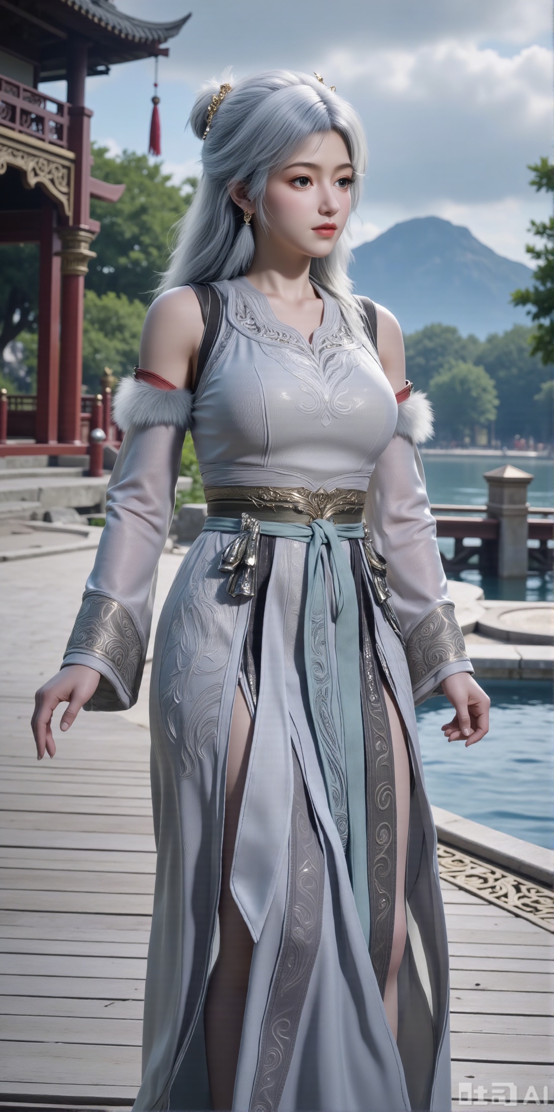 (masterpiece, best quality:1.2),1 girl, solo, long hair, hair accessories, clothing, long dress, jewelry, upper body, earrings. Background is outdoor, sky, clouds, water, trees, architecture, landscape, lantern, mountain, dragon, architecture, bridge, east Asian architecture, fog, pagoda,,(huge breasts:2.99),(full breasts:2.99),XyunxiaoYH3,,XbaifengsongyuYH,Xbigbreasts,Xxuenvxuedi,XyanqingfeiX,Xloubeidress,XyinyueX3