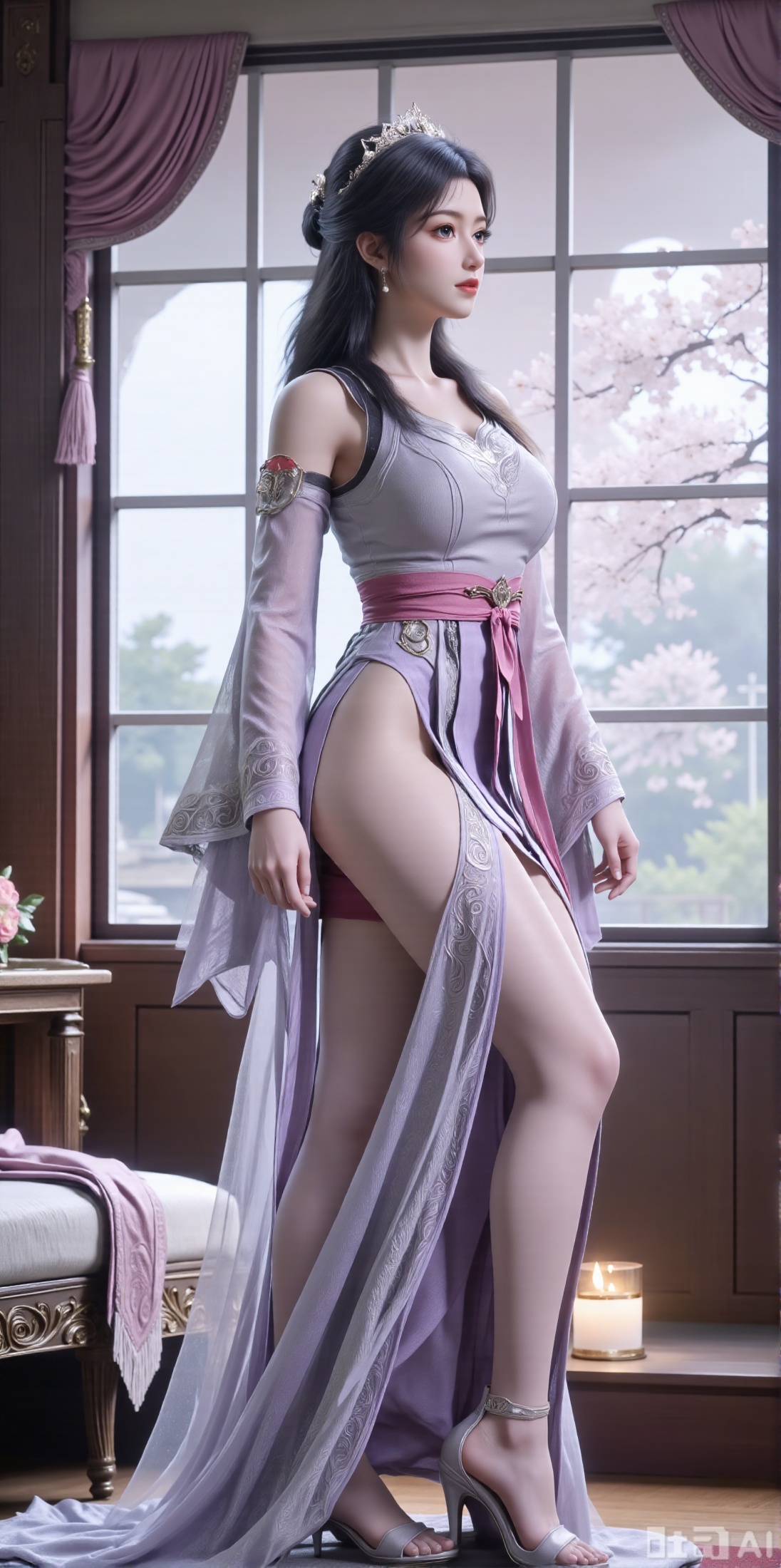 (masterpiece:1.2),Ultra clear, 8k, 1girl, solo, long hair, looking at viewer, bangs,long dress,, bare shoulders, jewelry, black hair, standing, purple eyes, full body, flower, thighs, indoors, hair bun, long dress, high heels, see-through, book, bare legs, window, table, footwear, standing on one leg, curtains,rose, flower, side slit, vase, ,(huge breasts:2.99),(full breasts:2.99),XyunxiaoYH3,,XbaifengsongyuYH,Xbigbreasts,Xxuenvxuedi,XyanqingfeiX,Xloubeidress,XyinyueX3