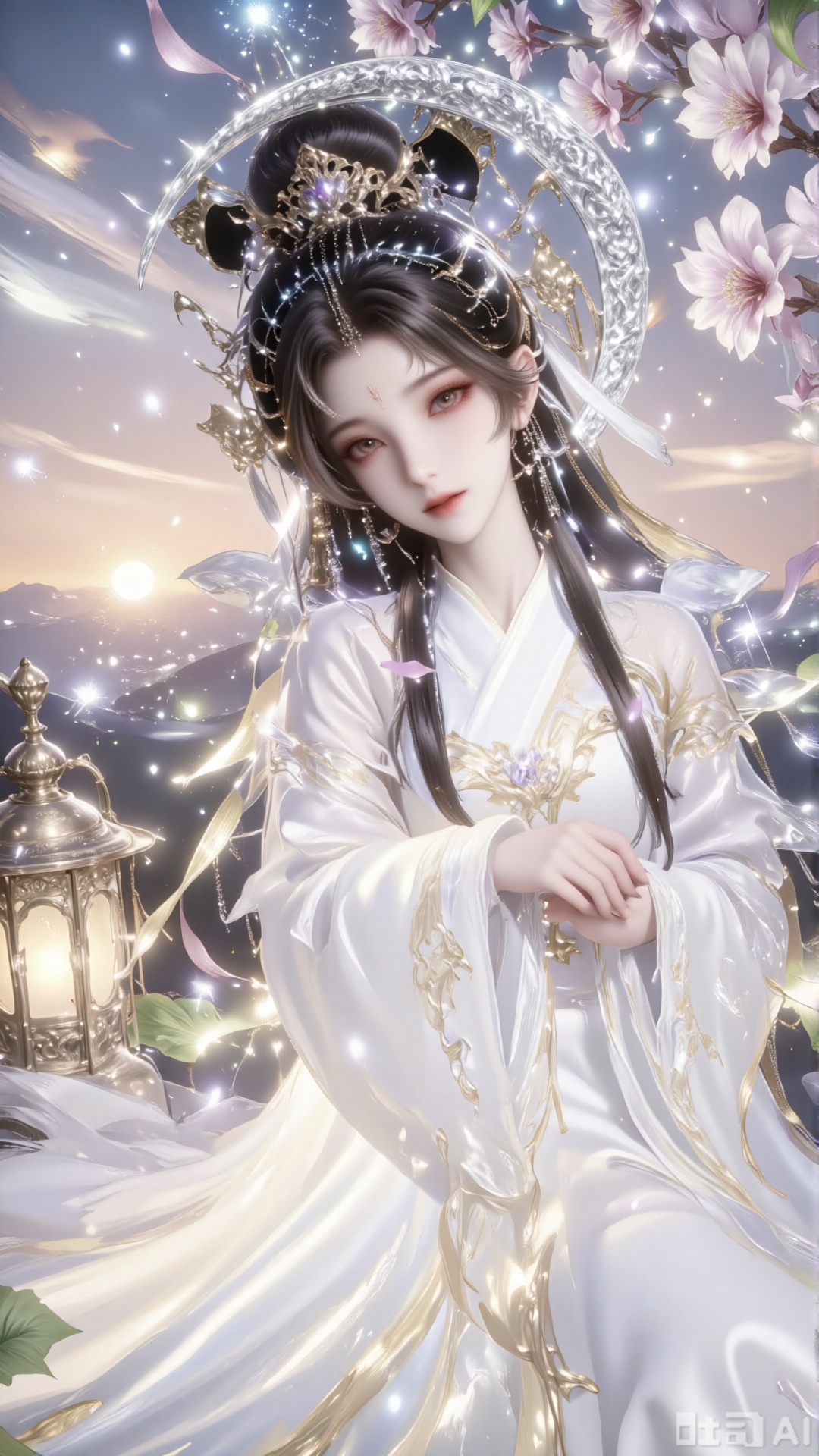 This painting depicts a quiet and ethereal scene, in which a young woman wears traditional East Asian costumes and sits quietly among the blooming white flowers. Her flowing long hair is decorated with exquisite floral ornaments, and she seems to be in a state of deep relaxation or meditation. Next to her, there is a lighted lantern, which casts a warm light and enhances the quiet atmosphere. The background is a faint rainbow across the pale purple sky and beautiful flowers, creating a harmonious integration of nature and human existence. Soft lighting and soft colors give people a sense of tranquility and beauty. open one's eyesA girl, solo, long hair, watching the audience, black hair, hair accessories, long sleeves, dress, ribbon, brown eyes, jewelry, earrings, wide sleeves, bun, white dress, facial logo, Hanfu, crescent moon, forehead logo, Hanfu, streamer, walking, 1 girl, solo, long hair, audience, black hair, hair.