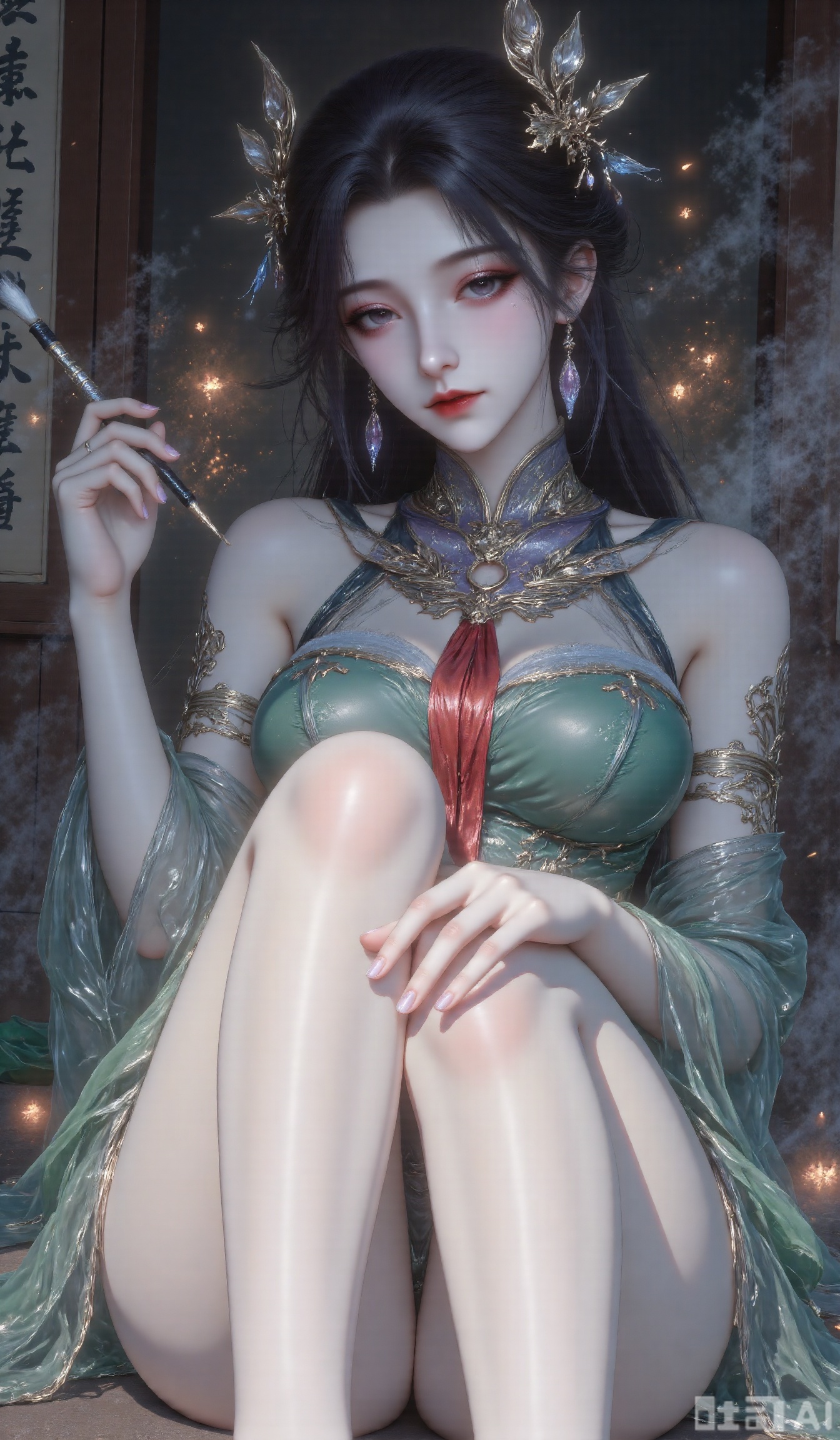 Realistic illustration,melting,HG2512,1girl,dusk (arknights),black hair,solo,barefoot,pointy ears,dragon horns,red eyes,colored skin,green skin,bare legs,red necktie,dragon tail,paintbrush,jewelry,very long hair,dragon girl,holding brush,looking at viewer,lying,full body,earrings,hair over one eye,calligraphy brush,streaked hair,on back,holding paintbrush,scroll,beads,green hair,from above,masterpiece,extremely delicate and beautiful,best quality,artistic style,fashionable,cool and fashionable,masterpiece,best quality,good quality,very aesthetic,A shot with tension,impactful picture,offcial art,colorful,splash of color,movie perspective,masterpiece,facing the lens,best quality,very aesthetic,extremely delicate and beautiful,huge filesize,amazing quality,32K UHD,close-up,(solo_focus:1.2),((eyes_focus)),