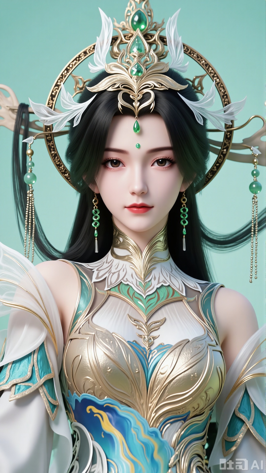 A close-up of a beautiful woman's upper body, looking directly at the viewer. Her features are extremely delicate, with slender eyes and classic red lips, and there is a mark on her forehead. Her skin is fair, with a cold and charming temperament, and her expression is serene yet dignified. Her jet-black long hair is piled high into a gorgeous bun, adorned with an exquisite metal crown inlaid with green gems, featuring feather-like silver patterns, along with long dangling tassels and jade pendants.
 
She is wearing an elegant cyan gradient fairy-style long dress. The sleeves are made of translucent tulle, and the skirt has a smooth satin texture with golden embroidery (featuring flower and cloud patterns). The costume is also decorated with metal ornaments inlaid with green gems, a high-necked hollow embroidered collar, and asymmetrical wing-like sleeves.
 
The background is a pure light green. Soft natural light highlights the transparency of the tulle and the three-dimensionality of the figure, with delicate shadow layers. The overall style is exquisite and realistic, reaching CG-level image quality, with rich detailed rendering and smooth lines.