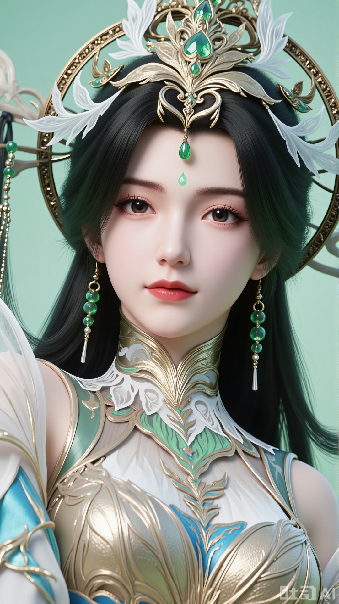 A close-up of a beautiful woman's upper body, looking directly at the viewer. Her features are extremely delicate, with slender eyes and classic red lips, and there is a mark on her forehead. Her skin is fair, with a cold and charming temperament, and her expression is serene yet dignified. Her jet-black long hair is piled high into a gorgeous bun, adorned with an exquisite metal crown inlaid with green gems, featuring feather-like silver patterns, along with long dangling tassels and jade pendants.
 
She is wearing an elegant cyan gradient fairy-style long dress. The sleeves are made of translucent tulle, and the skirt has a smooth satin texture with golden embroidery (featuring flower and cloud patterns). The costume is also decorated with metal ornaments inlaid with green gems, a high-necked hollow embroidered collar, and asymmetrical wing-like sleeves.
 
The background is a pure light green. Soft natural light highlights the transparency of the tulle and the three-dimensionality of the figure, with delicate shadow layers. The overall style is exquisite and realistic, reaching CG-level image quality, with rich detailed rendering and smooth lines.
