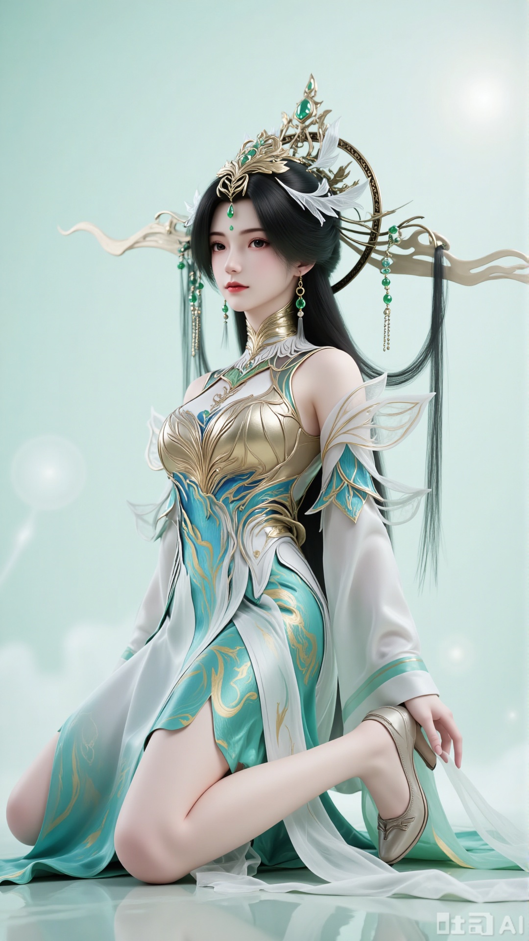 A profile shot. The figure is centered. A beautiful woman, alone, kneels elegantly on the ground sideways, looking at the viewer. Her facial features are extremely exquisite, with slender eyes and classical red lips. There is a mark on her forehead. She has fair skin, with a cold and charming temperament and a serene yet majestic expression. Her long black hair is coiled high into a magnificent bun, adorned with an exquisite metal crown inlaid with green gems and decorated with feather-like silver patterns, along with long dangling tassels and jade pendants. She wears an elegant Xianxia-style long dress in a cyan gradient, featuring semi-transparent tulle sleeves, a smooth satin texture, and golden embroidery (with floral and cloud patterns). There are metal decorations inlaid with green gems, a high-neck hollow embroidered neckline, and asymmetric wing-shaped sleeves. Her legs are exposed, and she wears light-colored high-heeled shoes.
 
Pure light green background. Soft natural light highlights the transparency of the tulle and the three-dimensionality of the figure, with delicate shadow layers. It has an exquisitely realistic style, CG-level image quality, high-detail rendering, and smooth lines.