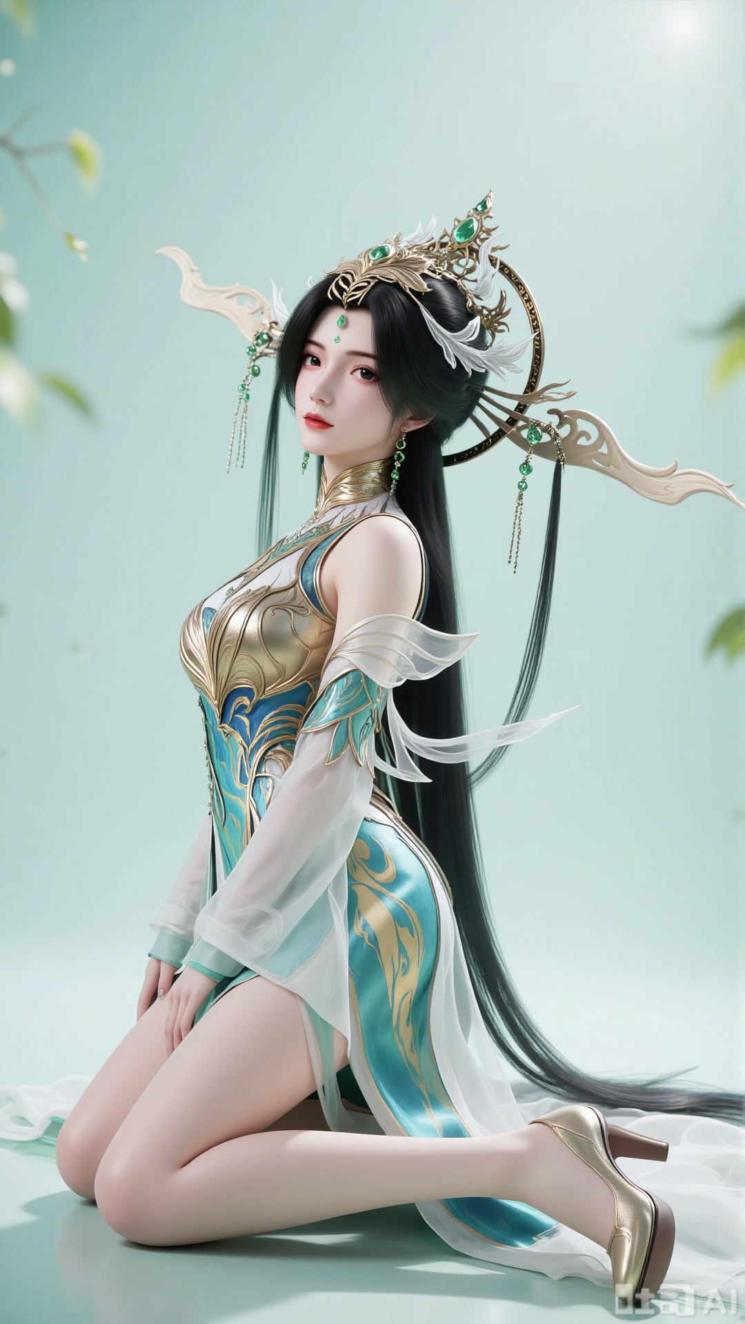 A profile shot. The figure is centered. A beautiful woman, alone, kneels elegantly on the ground sideways, looking at the viewer. Her facial features are extremely exquisite, with slender eyes and classical red lips. There is a mark on her forehead. She has fair skin, with a cold and charming temperament and a serene yet majestic expression. Her long black hair is coiled high into a magnificent bun, adorned with an exquisite metal crown inlaid with green gems and decorated with feather-like silver patterns, along with long dangling tassels and jade pendants. She wears an elegant Xianxia-style long dress in a cyan gradient, featuring semi-transparent tulle sleeves, a smooth satin texture, and golden embroidery (with floral and cloud patterns). There are metal decorations inlaid with green gems, a high-neck hollow embroidered neckline, and asymmetric wing-shaped sleeves. Her legs are exposed, and she wears light-colored high-heeled shoes.
 
Pure light green background. Soft natural light highlights the transparency of the tulle and the three-dimensionality of the figure, with delicate shadow layers. It has an exquisitely realistic style, CG-level image quality, high-detail rendering, and smooth lines.