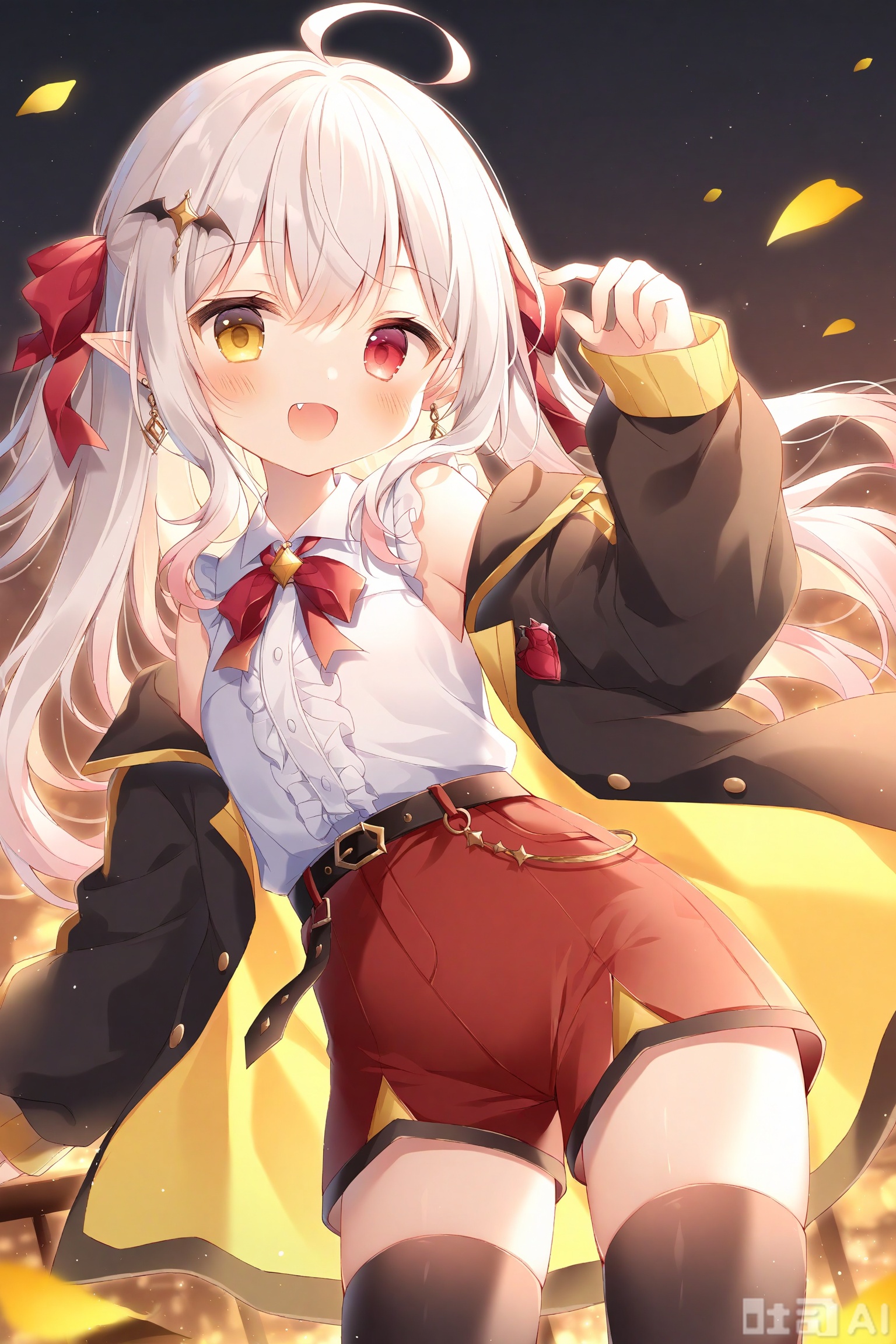 1girl, solo, shorts, heterochromia, shirt, jacket, long_hair, red_bow, white_hair, fang, sleeves_past_wrists, sleeveless, sleeveless_shirt, smile, red_eyes, center_frills, yellow_eyes, pointy_ears, open_clothes, black_jacket, bow, red_shorts, open_jacket, earrings, jewelry, white_shirt, looking_at_viewer, frills, off_shoulder, long_sleeves, hair_ornament, short_shorts, bare_shoulders, blush, :d, thighhighs, very_long_hair, collared_shirt, ahoge, open_mouth, belt, virtual_youtuber, hair_between_eyes, ribbon