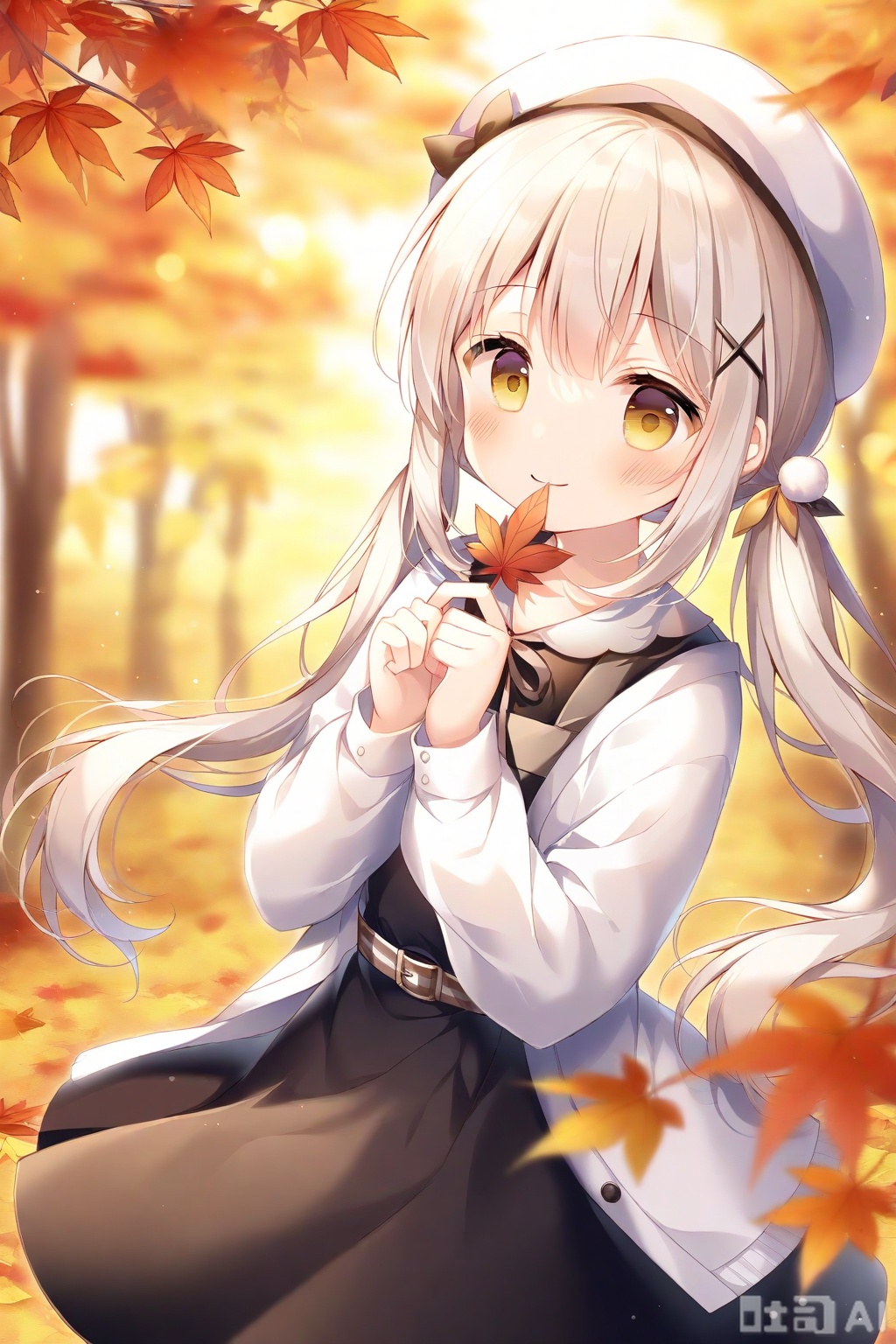 1girl, autumn leaves, solo, dress, maple leaf, hair ornament, long hair, leaf, black dress, hat, twintails, smile, holding, blurry, looking at viewer, x hair ornament, long sleeves, autumn, white headwear, yellow eyes, sleeveless dress, holding leaf, closed mouth, open clothes, pinafore dress, sleeveless, white hair, blurry foreground, beret, blush, depth of field, low twintails, belt, open cardigan, blurry background, cardigan, outdoors, sidelocks, standing