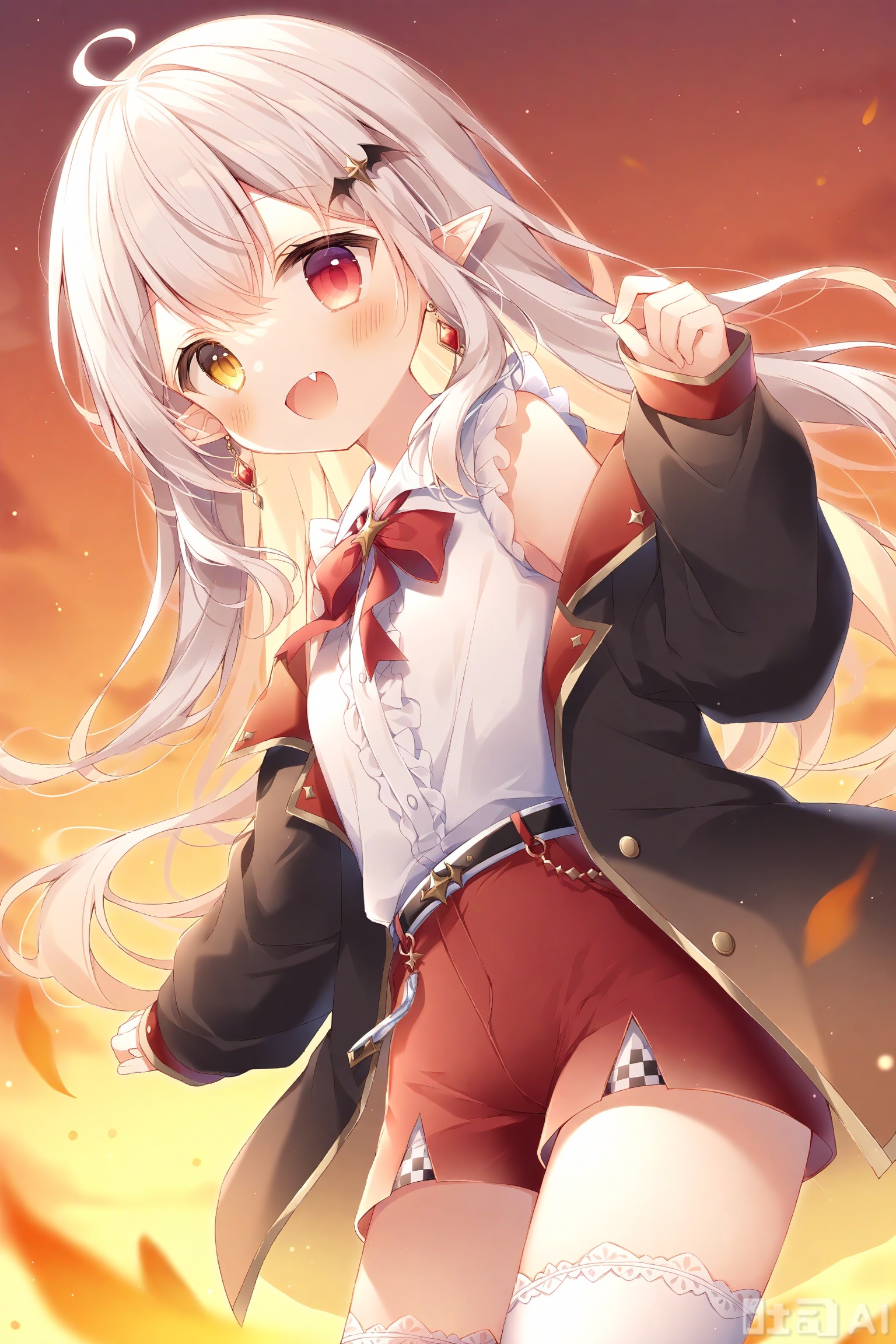 1girl, solo, shorts, heterochromia, shirt, jacket, long_hair, red_bow, white_hair, fang, sleeves_past_wrists, sleeveless, sleeveless_shirt, smile, red_eyes, center_frills, yellow_eyes, pointy_ears, open_clothes, black_jacket, bow, red_shorts, open_jacket, earrings, jewelry, white_shirt, looking_at_viewer, frills, off_shoulder, long_sleeves, hair_ornament, short_shorts, bare_shoulders, blush, :d, thighhighs, very_long_hair, collared_shirt, ahoge, open_mouth, belt, virtual_youtuber, hair_between_eyes, ribbon