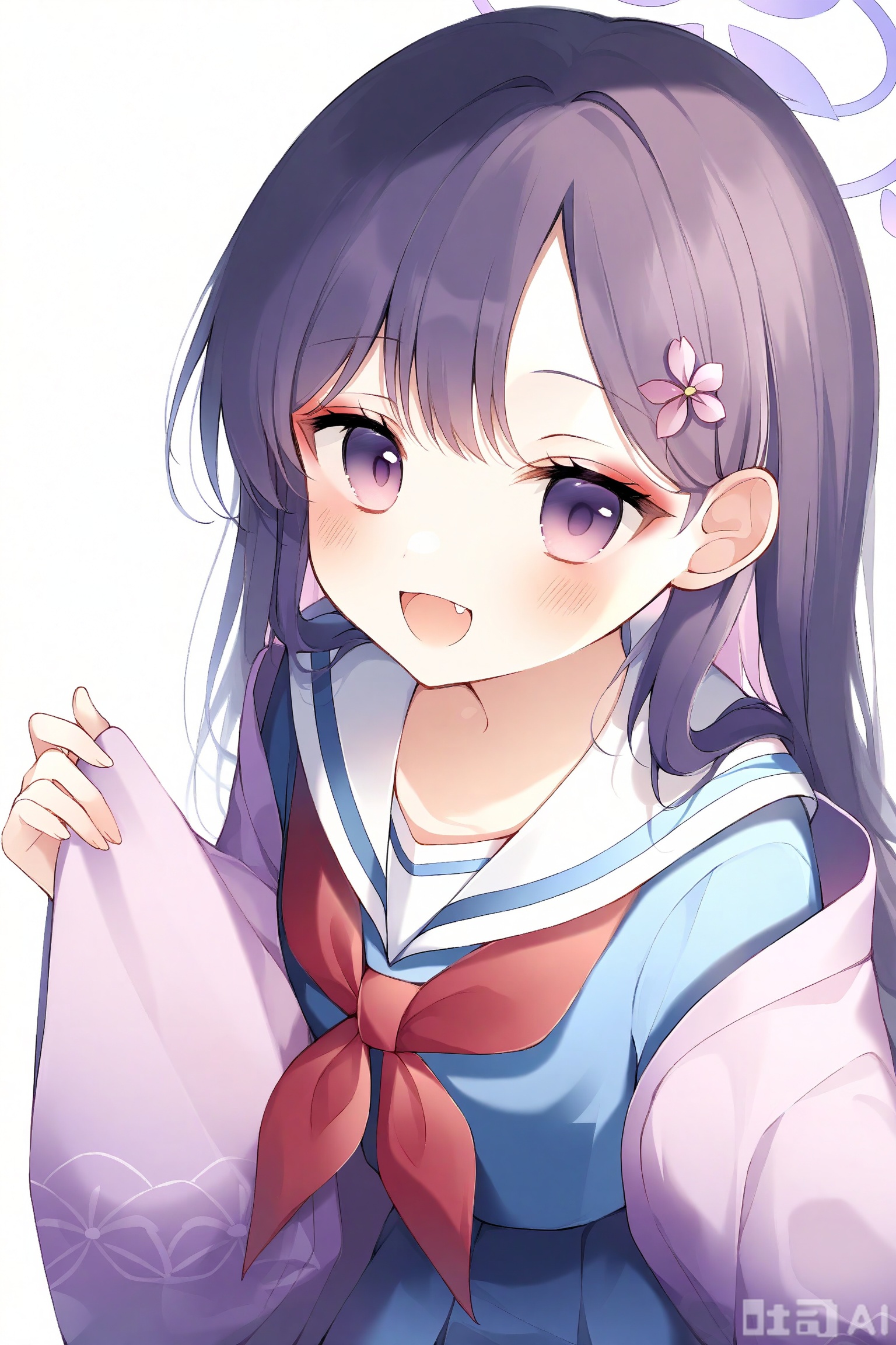 solo, 1girl, long_hair, purple_eyes, purple_hair, red_neckerchief, skin_fang, halo, neckerchief, skirt, white_sailor_collar, fang, hair_ornament, simple_background, white_background, haori, flower, open_mouth, japanese_clothes, pleated_skirt, hair_flower, purple_halo, pink_flower, sailor_collar, school_uniform, serafuku, smile, blush, blue_skirt, looking_at_viewer, makeup, red_eyeshadow, eyeshadow, long_sleeves