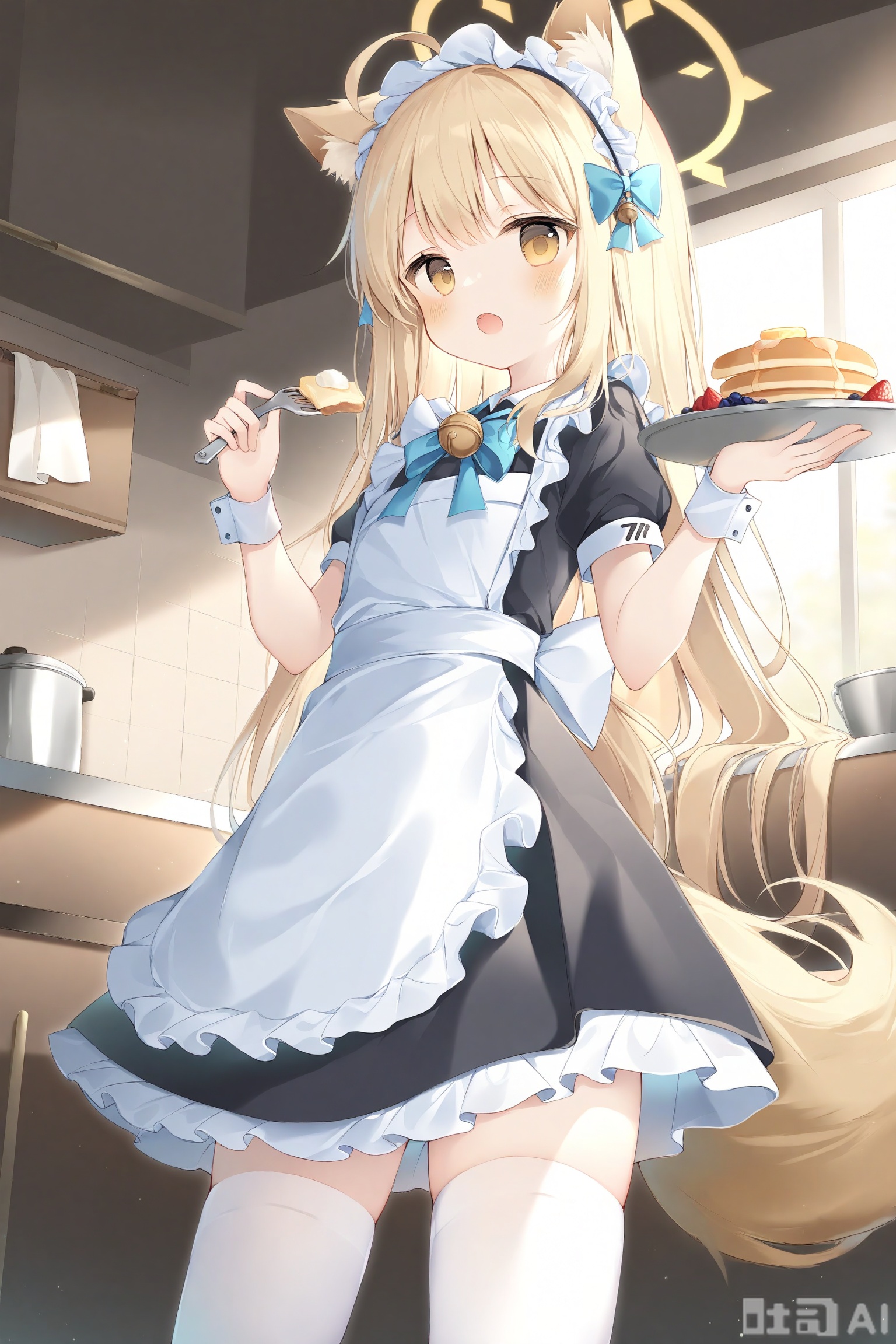 masterpiece,best quality,amazing quality,very aesthetic,absurdres,newest,
1girl, solo, animal_ears, yellow_eyes, food, maid_headdress, blue_bow, maid, pancake, long_hair, bow, apron, pancake_stack, open_mouth, holding, white_background, dress, halo, short_sleeves, looking_at_viewer, black_dress, bell, frills, blonde_hair, maid_apron, tail, simple_background, thighhighs, ahoge, hair_bow, wrist_cuffs, white_apron