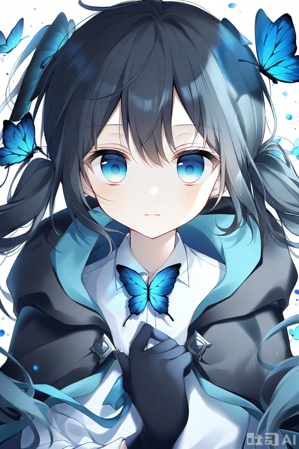 butterfly, bug, 1girl, solo, blue_butterfly, gloves, long_hair, black_gloves, black_hair, twintails, blue_eyes, white_background, upper_body, shirt, looking_at_viewer, simple_background, hood, hair_between_eyes, collared_shirt, white_shirt, long_sleeves, hand_on_own_chest, ahoge, hood_down, closed_mouth