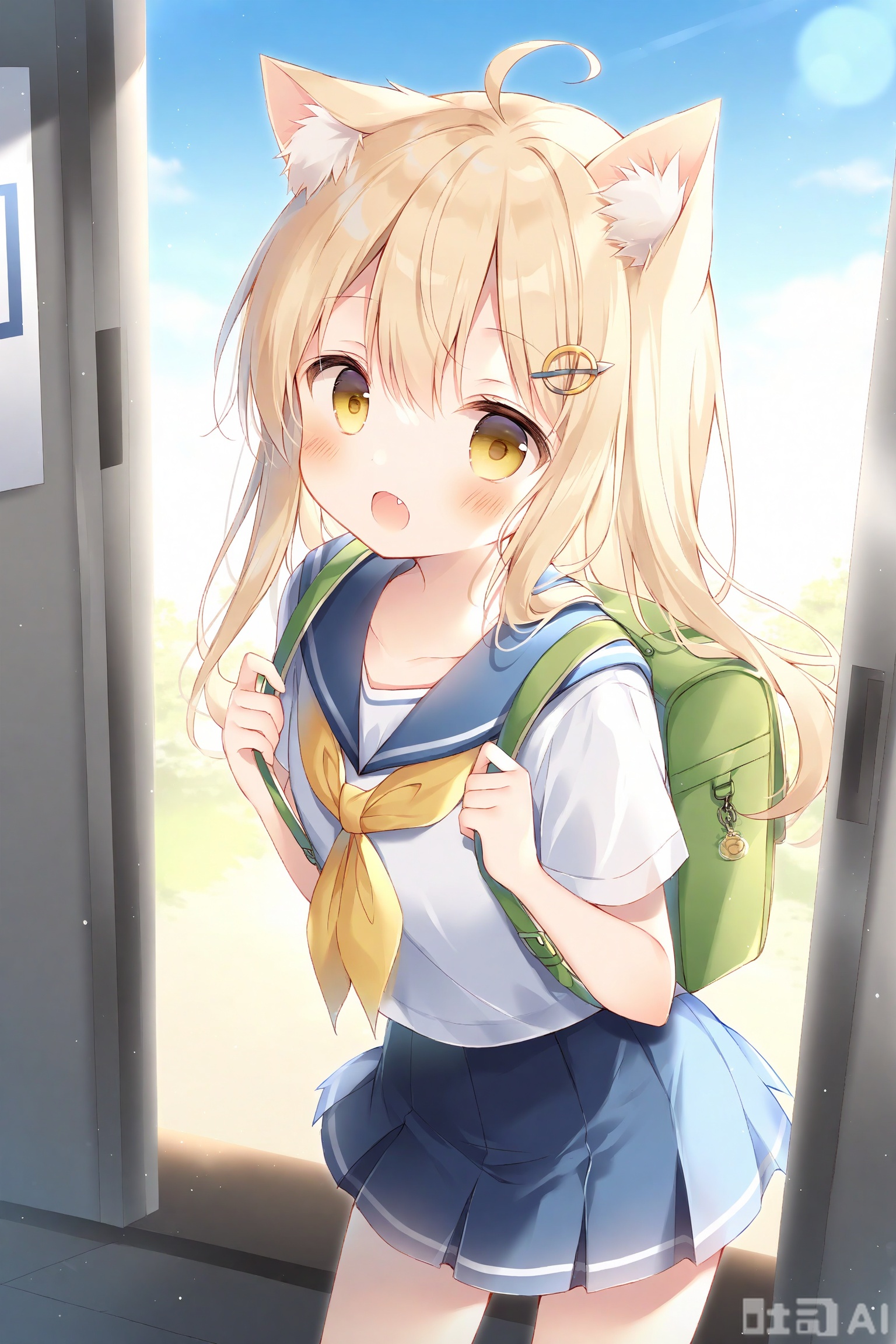 1girl, solo, animal_ears, school_uniform, long_hair, looking_at_viewer, bag, serafuku, open_mouth, ahoge, blush, fang, skirt, backpack, blonde_hair, short_sleeves, sailor_collar, yellow_eyes, animal_ear_fluff, neckerchief, shirt, hair_ornament