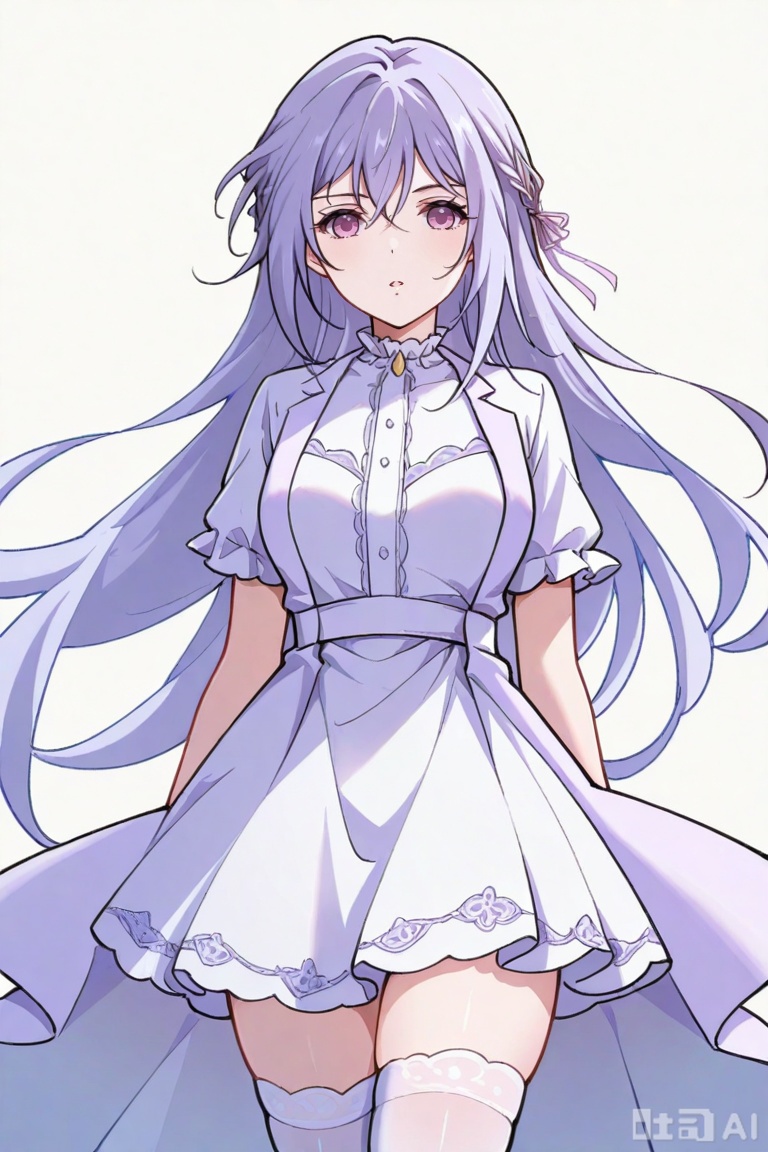 1girl, solo, long hair, looking at viewer, bangs, thighhighs, dress, ribbon, hair between eyes, purple eyes, hair ribbon, short sleeves, white dress, white thighhighs, 穆宁雪,