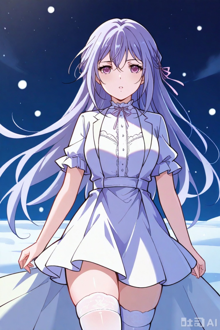 1girl, solo, long hair, looking at viewer, bangs, thighhighs, dress, ribbon, hair between eyes, purple eyes, hair ribbon, short sleeves, white dress, white thighhighs, 穆宁雪,