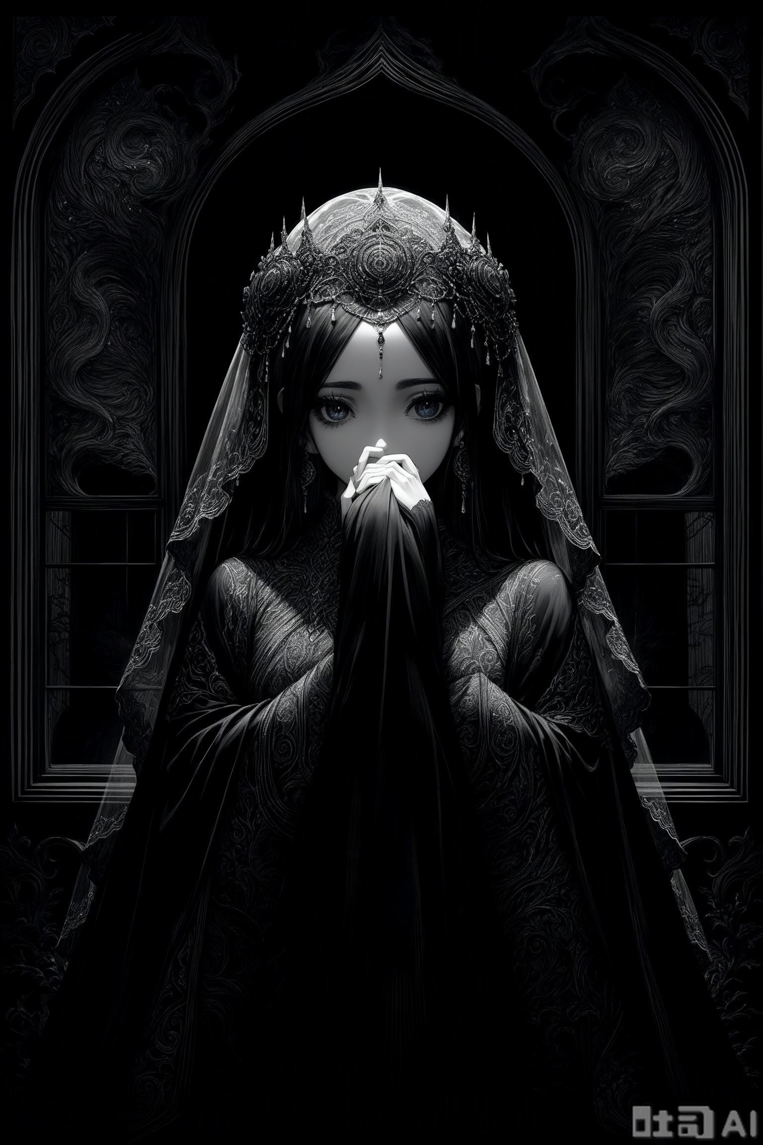  best quality,line art,line style,
the essence of a woman's face,partially obscured by a black veil. Her eyes,the windows to her soul,are the focal point of this image. They are large and expressive,framed by thick,dark eyelashes that add depth and intensity to her gaze. The veil,draped over her head and covering her mouth,adds an air of mystery and intrigue. A decorative headpiece adorns her forehead,its intricate design adding a touch of elegance and cultural significance. The background is a stark black,providing a stark contrast that accentuates the details of her face and the veil.The woman's position relative to the background suggests she is standing in front of it. The photograph beautifully encapsulates a moment of quiet contemplation and cultural richness., as style