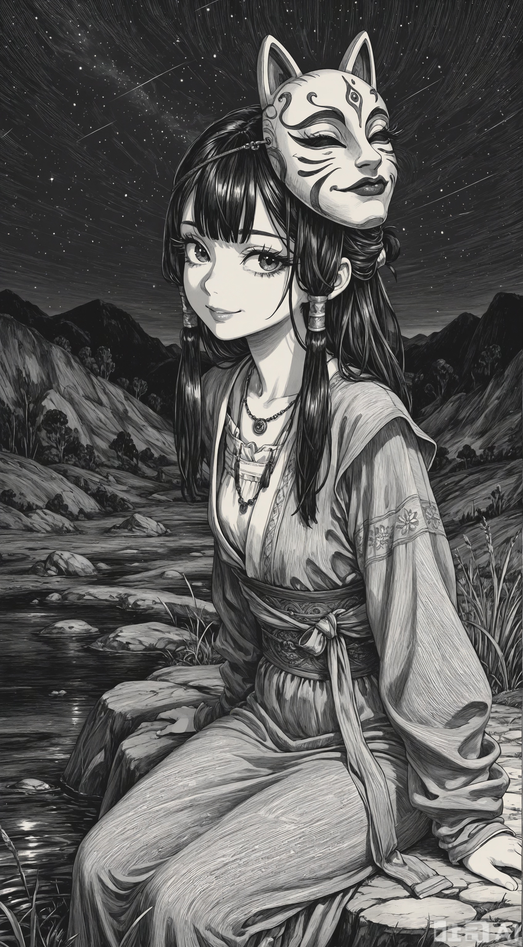 line art,comic style,lineart,masterpiece,best quality,very aesthetic,
fashionable, foreshortening,
1girl, mask on the head, long eyelashes, lips, traditional clothing, cowboy shot,Sitting on a stone by the stream,  jewelry necklace, charming smile, long hair, hair tube,Complex background, light and shadow effect,In the distance is a tent,
Further away are grasslands, plateaus, night scenes, and starry skies