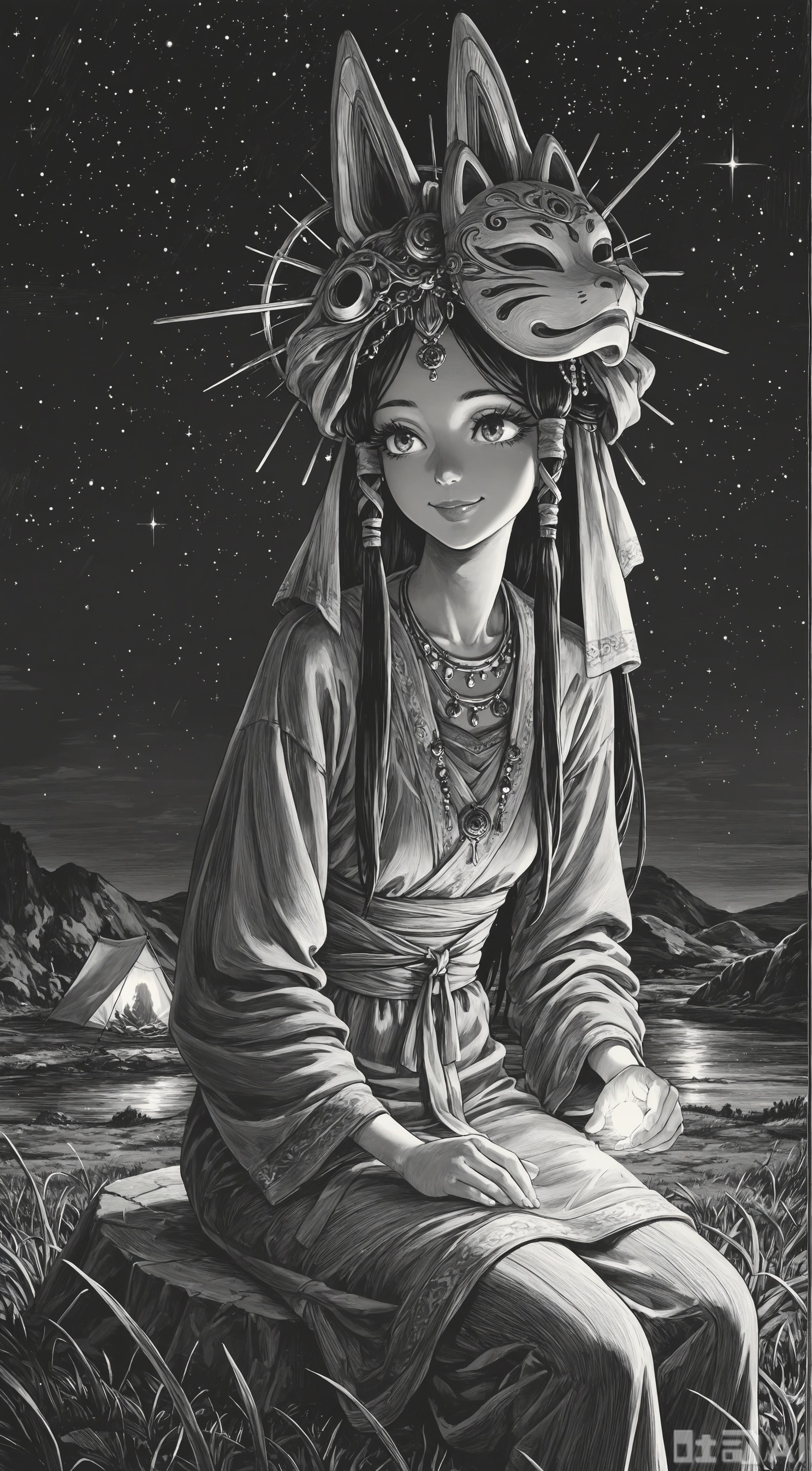 line art,comic style,lineart,masterpiece,best quality,very aesthetic,
fashionable, foreshortening,
1girl, mask on the head, long eyelashes, lips, traditional clothing, cowboy shot,Sitting on a stone by the stream,  jewelry necklace, charming smile, long hair, hair tube,Complex background, light and shadow effect,In the distance is a tent,
Further away are grasslands, plateaus, night scenes, and starry skies