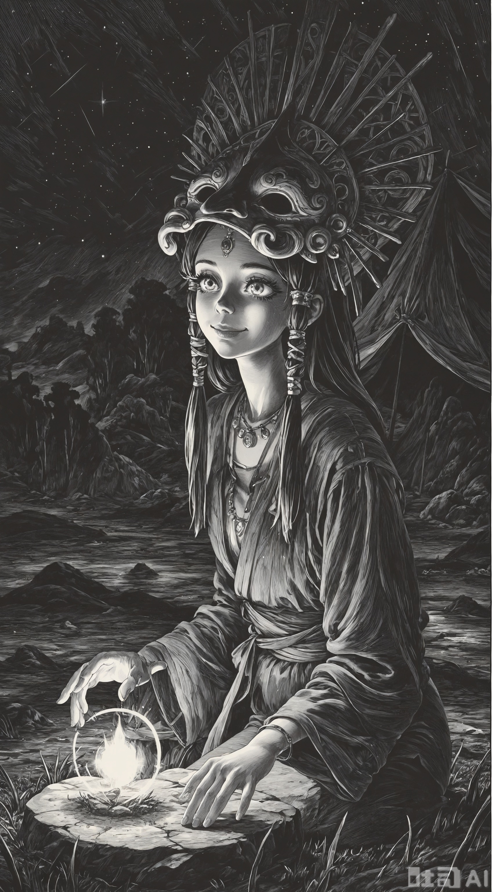 line art,comic style,lineart,masterpiece,best quality,very aesthetic,
fashionable, foreshortening,
1girl, mask on the head, long eyelashes, lips, traditional clothing, cowboy shot,Sitting on a stone by the stream,  jewelry necklace, charming smile, long hair, hair tube,Complex background, light and shadow effect,In the distance is a tent,
Further away are grasslands, plateaus, night scenes, and starry skies
