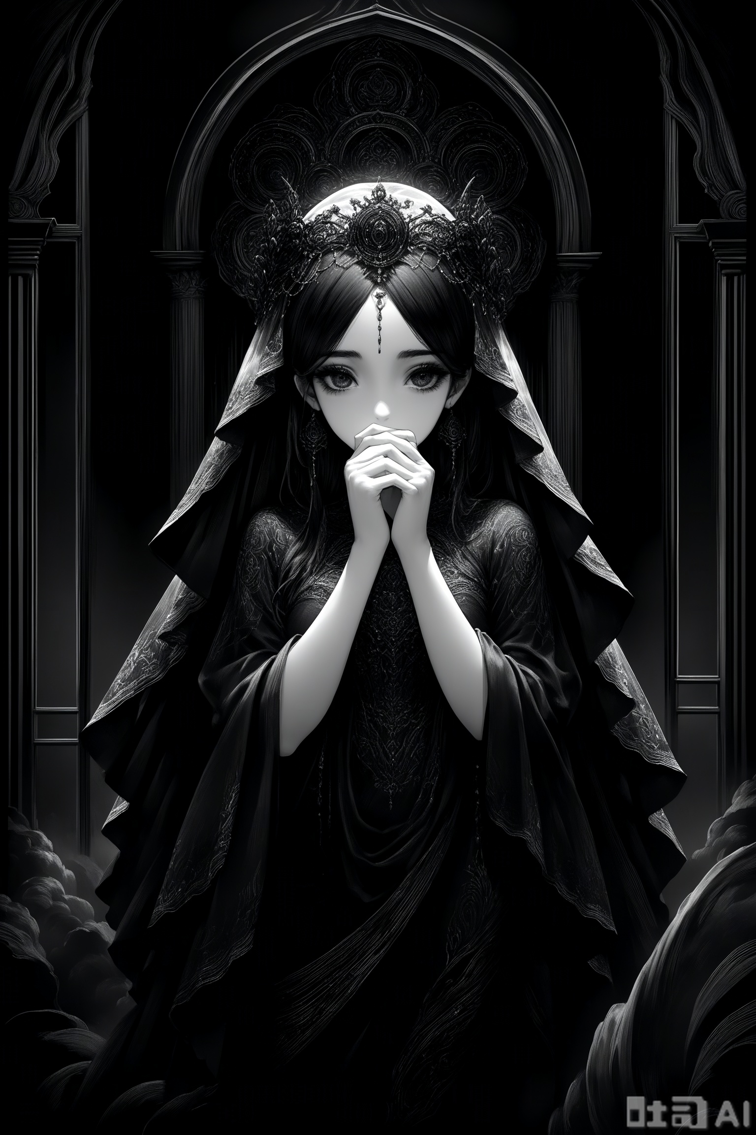  best quality,line art,line style,
the essence of a woman's face,partially obscured by a black veil. Her eyes,the windows to her soul,are the focal point of this image. They are large and expressive,framed by thick,dark eyelashes that add depth and intensity to her gaze. The veil,draped over her head and covering her mouth,adds an air of mystery and intrigue. A decorative headpiece adorns her forehead,its intricate design adding a touch of elegance and cultural significance. The background is a stark black,providing a stark contrast that accentuates the details of her face and the veil.The woman's position relative to the background suggests she is standing in front of it. The photograph beautifully encapsulates a moment of quiet contemplation and cultural richness., as style