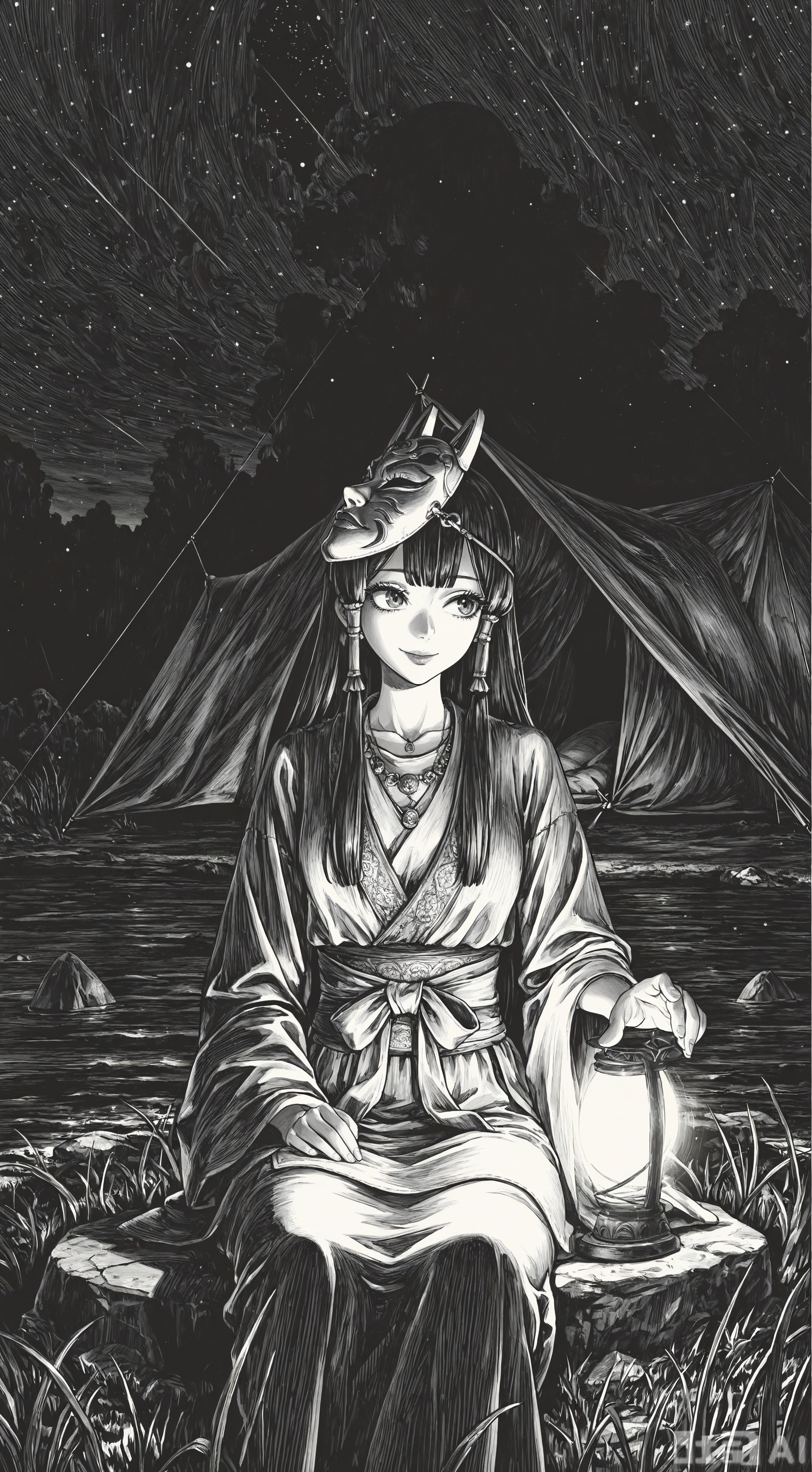 line art,comic style,lineart,masterpiece,best quality,very aesthetic,
fashionable, foreshortening,
1girl, mask on the head, long eyelashes, lips, traditional clothing, cowboy shot,Sitting on a stone by the stream,  jewelry necklace, charming smile, long hair, hair tube,Complex background, light and shadow effect,In the distance is a tent,
Further away are grasslands, plateaus, night scenes, and starry skies