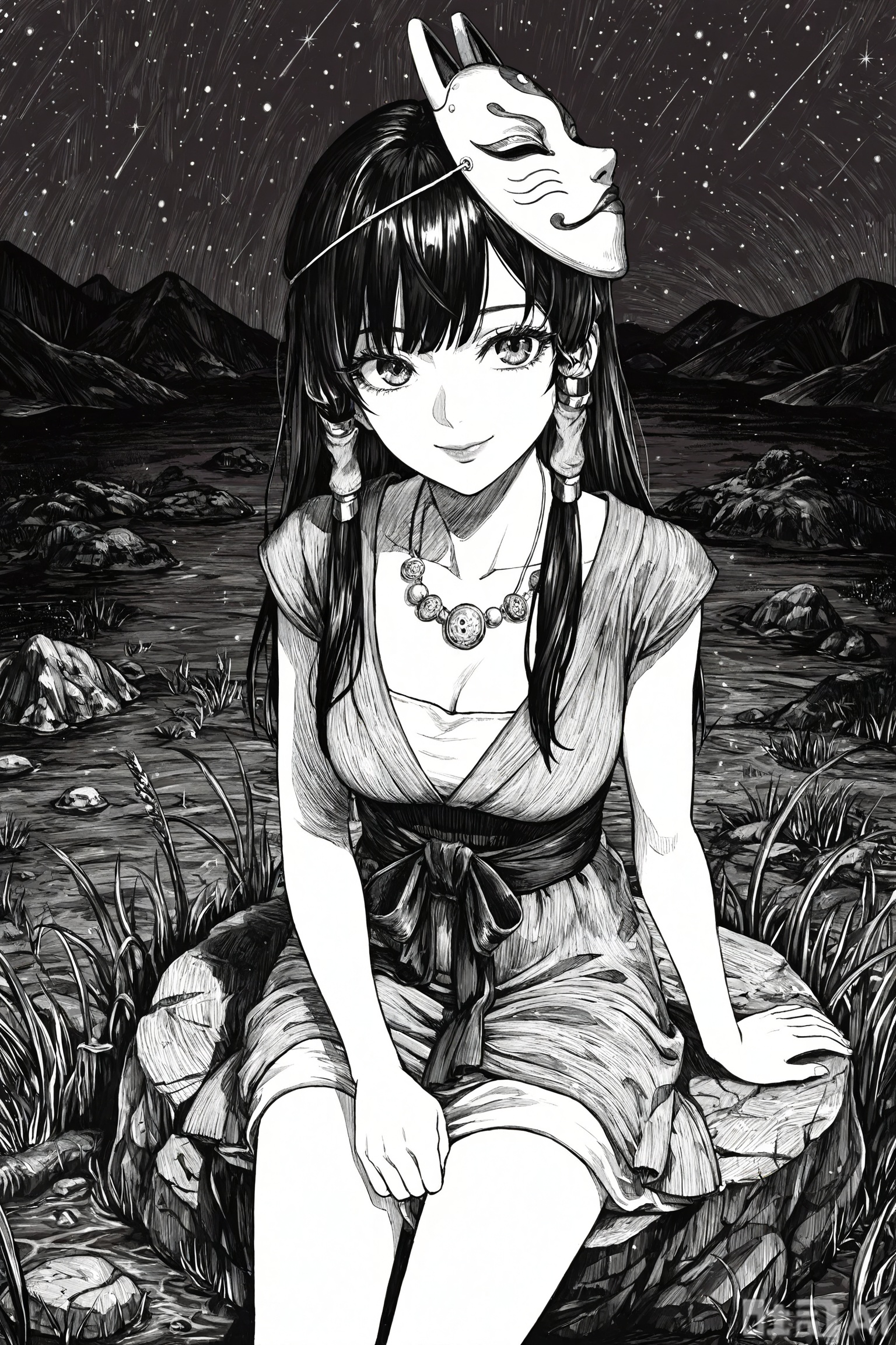 line art,comic style,lineart,masterpiece,best quality,very aesthetic,
fashionable, foreshortening,
1girl, mask on the head, long eyelashes, lips, traditional clothing, cowboy shot,Sitting on a stone by the stream,  jewelry necklace, charming smile, long hair, hair tube,Complex background, light and shadow effect,In the distance is a tent,
Further away are grasslands, plateaus, night scenes, and starry skies