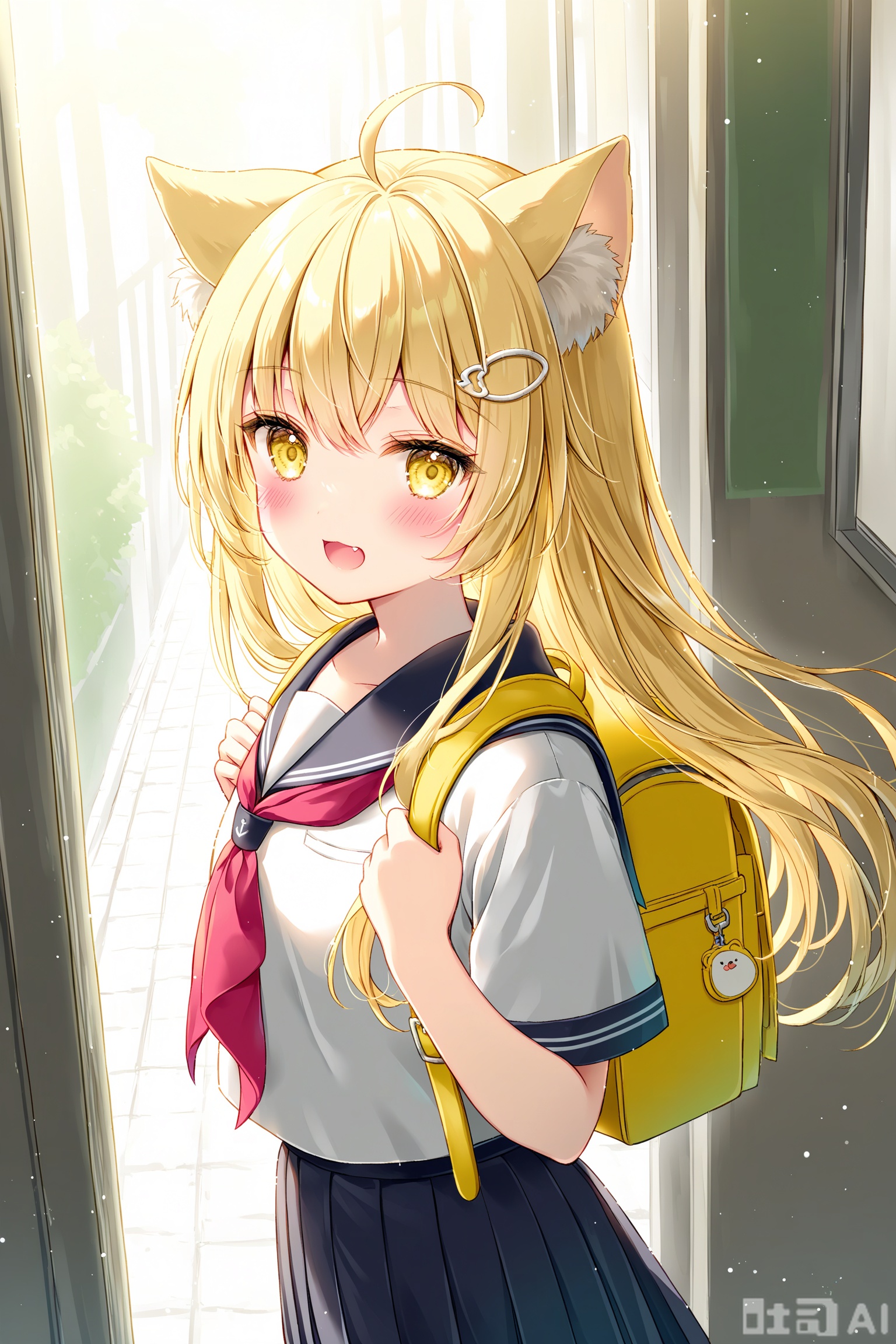 1girl, solo, animal_ears, school_uniform, long_hair, looking_at_viewer, bag, serafuku, open_mouth, ahoge, blush, fang, skirt, backpack, blonde_hair, short_sleeves, sailor_collar, yellow_eyes, animal_ear_fluff, neckerchief, shirt, hair_ornament