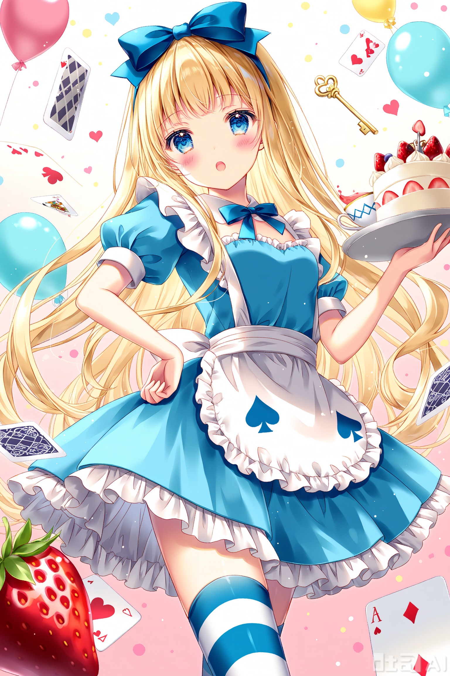 1girl,blue eyes,blonde hair,long hair,thighhighs,food,dress,bow,striped,solo,alice (alice in wonderland),card,cake,heart,blue dress,apron,striped thighhighs,playing card,cup,blue bow,short sleeves,open mouth,hand on hip,very long hair,looking at viewer,balloon,hairband,blush,standing,spade (shape),key,puffy short sleeves,fork,white apron,puffy sleeves,club (shape),strawberry,ribbon,teacup,hair bow,small breasts,fruit,frills,bangs,