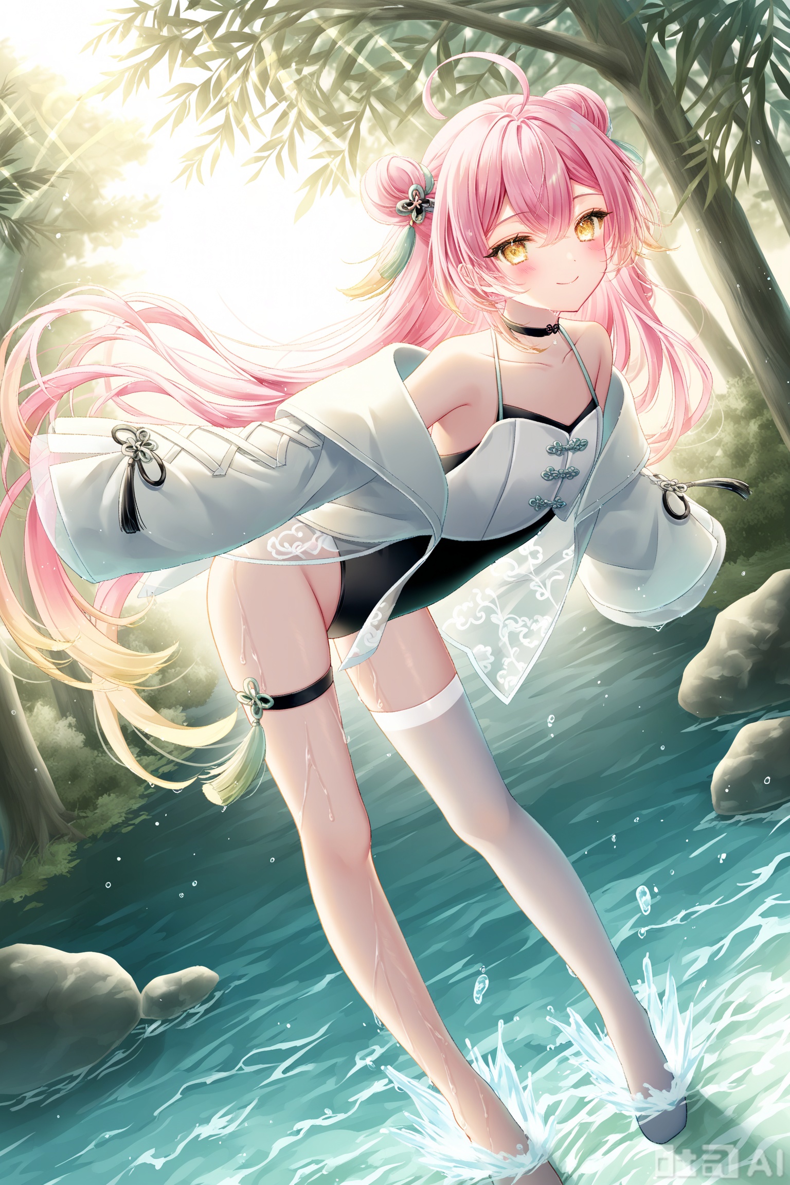 1girl,jacket,solo,yellow eyes,sleeves past wrists,open jacket,sleeves past fingers,single thighhigh,open clothes,white jacket,long hair,thighhighs,full body,ahoge,multicolored hair,pink hair,bangs,see-through,hair ornament,long sleeves,chinese clothes+leotard,looking at viewer,off shoulder,smile,gradient hair,standing,black choker,choker,thigh strap,bare shoulders,closed mouth,puffy long sleeves,no shoes,collarbone,very long hair,blush,hair between eyes,white thighhighs,puffy sleeves,wide sleeves,long eyelashes,dynamic angle,dynamic pose,sea,tree,wet,day,sunlight,