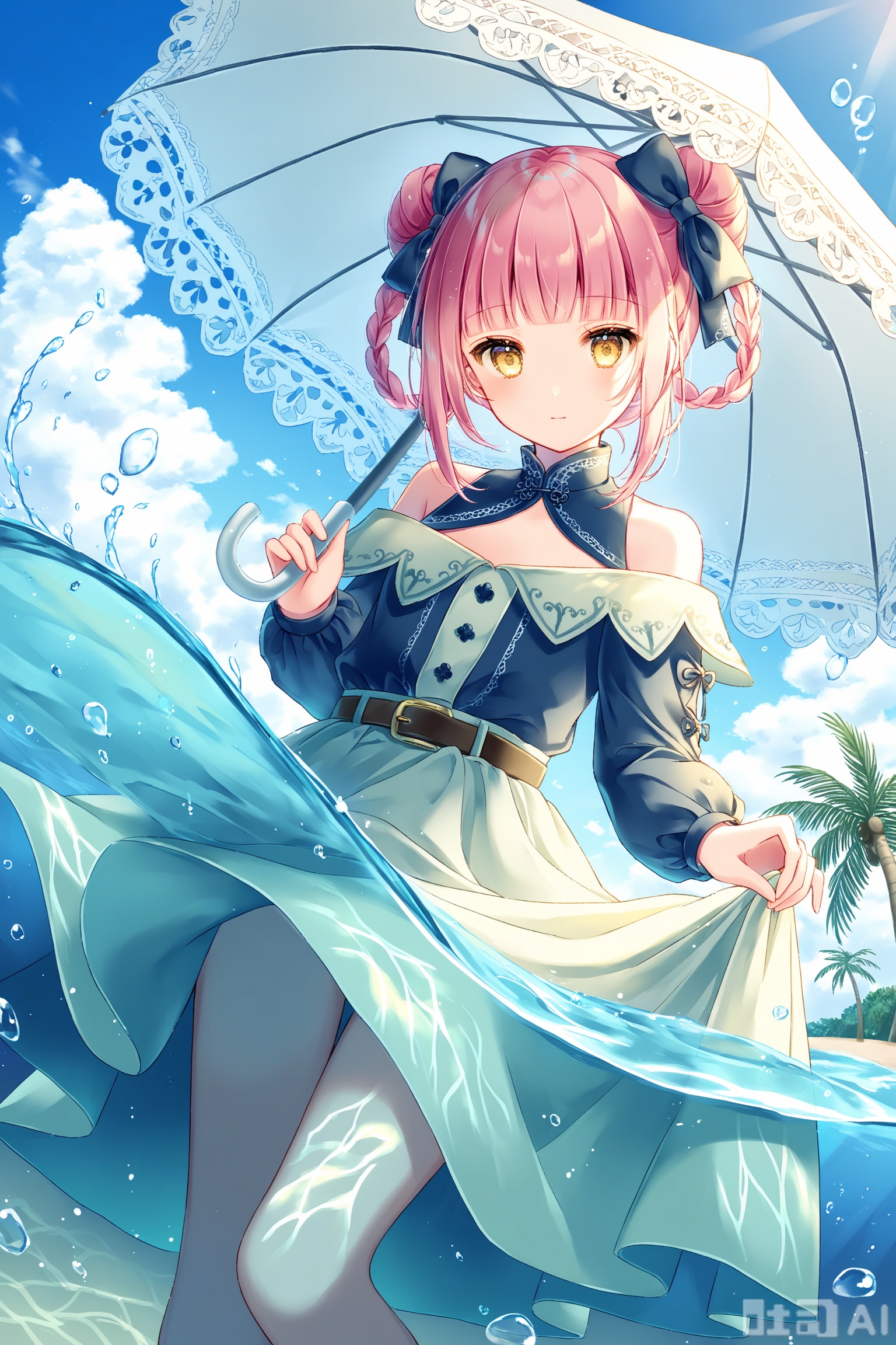 1girl, solo, looking at viewer, bangs, long sleeves, dress, bow, bare shoulders, closed mouth, yellow eyes, hair bow, outdoors, sky, day, belt, cloud, blunt bangs, water, hair bun, tree, blue sky, double bun, umbrella, monster girl, wading, partially submerged,parasol, bubble, skirt hold, palm tree, beach umbrella, partially underwater shot,pink hair,