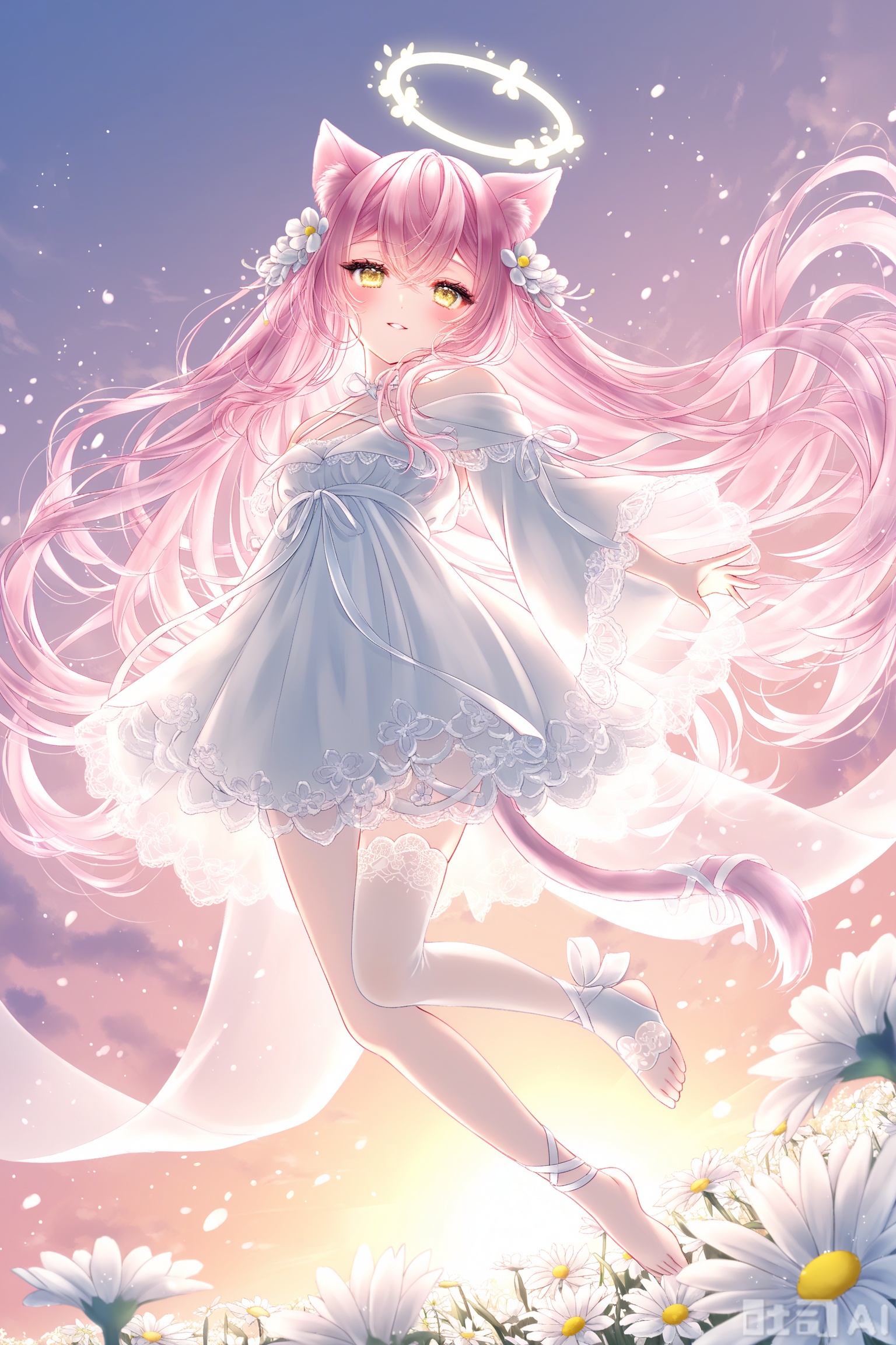 1girl,dress,long hair,solo,white dress,hair between eyes,single thighhigh,thighhighs,flower,very long hair,hair ornament,smile,yellow eyes,barefoot,ribbon,closed mouth,bare shoulders,hair flower,blush,bangs,toeless legwear,pink hair,outdoors,asymmetrical legwear,white ribbon,white flower,bioluminescence,long eyelashes,see-through clothes,see-through body,parted lips,mascara,halo,cat ears,animal ear fluff,cat tail,cat girl,lace,wide sleeves,dynamic angle,dynamic pose,Dynamic hair,