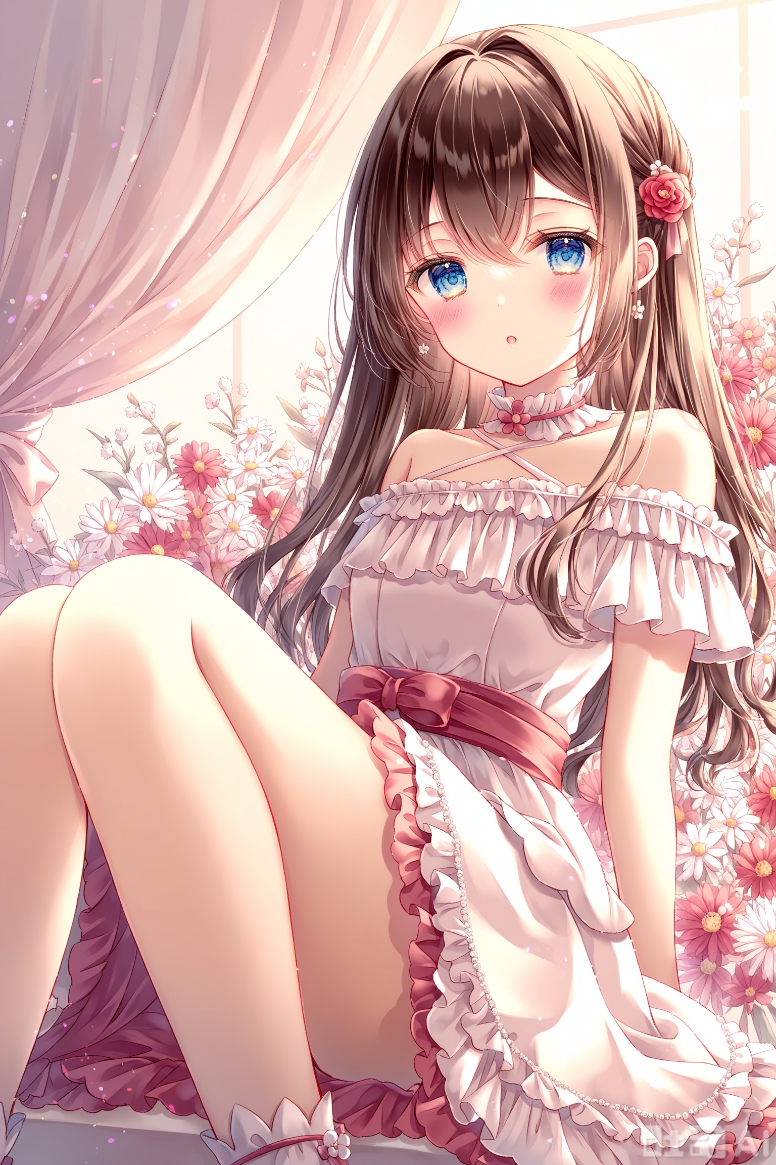 1girl, solo, flower, dress, blue_eyes, brown_hair, white_dress, red_flower, blush, hair_between_eyes, pink_flower, bare_shoulders, parted_lips, looking_at_viewer, hair_intakes, off_shoulder, long_hair, off-shoulder_dress, frills, knees_up, sitting, :o, frilled_dress, white_flower