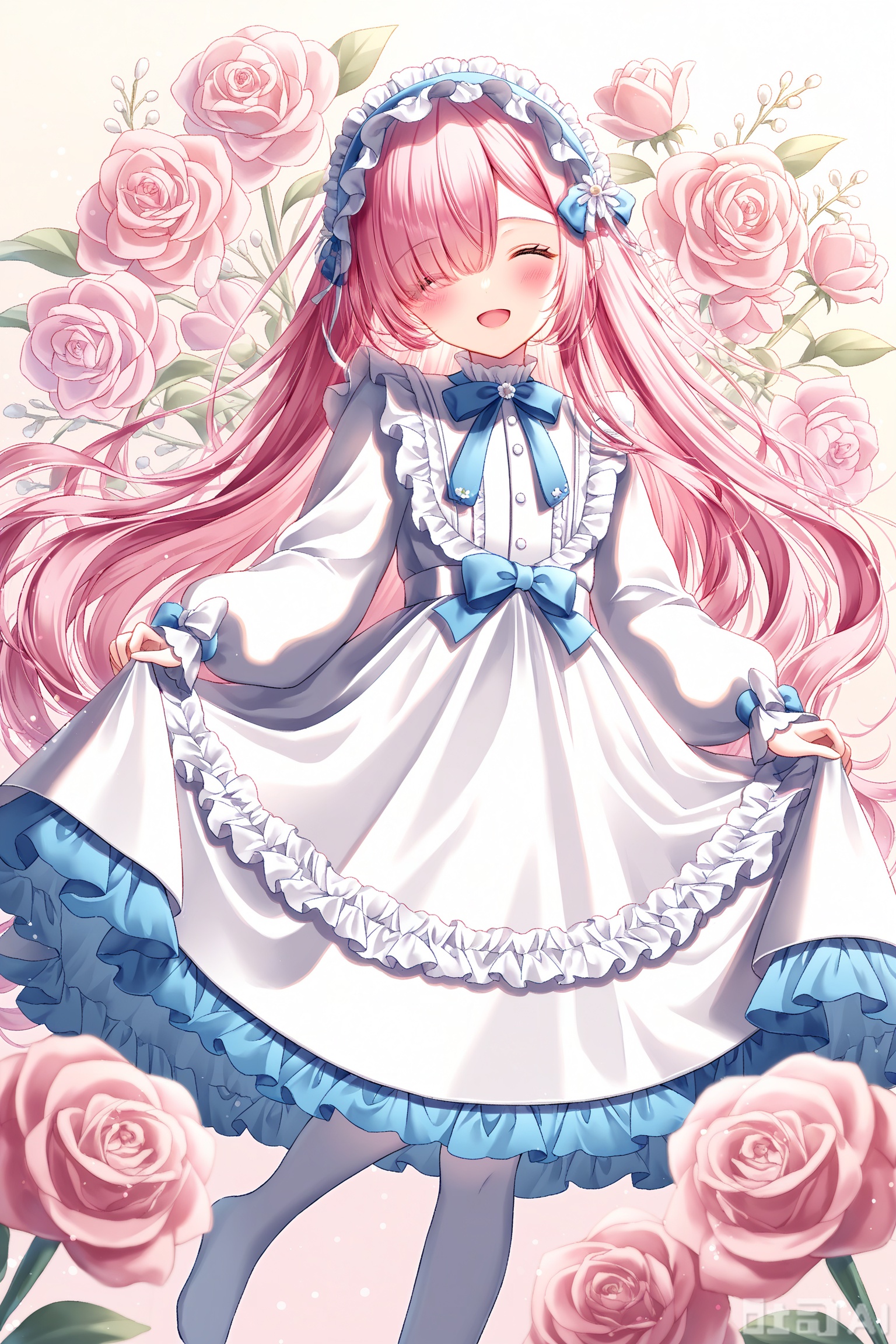 1girl,hair over one eye,solo,closed eyes,dress,smile,long hair,very long hair,pink hair,flower,long sleeves,white dress,:d,facing viewer,^_^,standing on one leg,frills,sleeves past wrists,bow,blue bow,bangs,standing,blush,frilled dress,white flower,puffy long sleeves,puffy sleeves,white bow,frilled hairband,open mouth,hairband,rose,blue flower,skirt hold,pink flower,long eyelashes,no shoes,